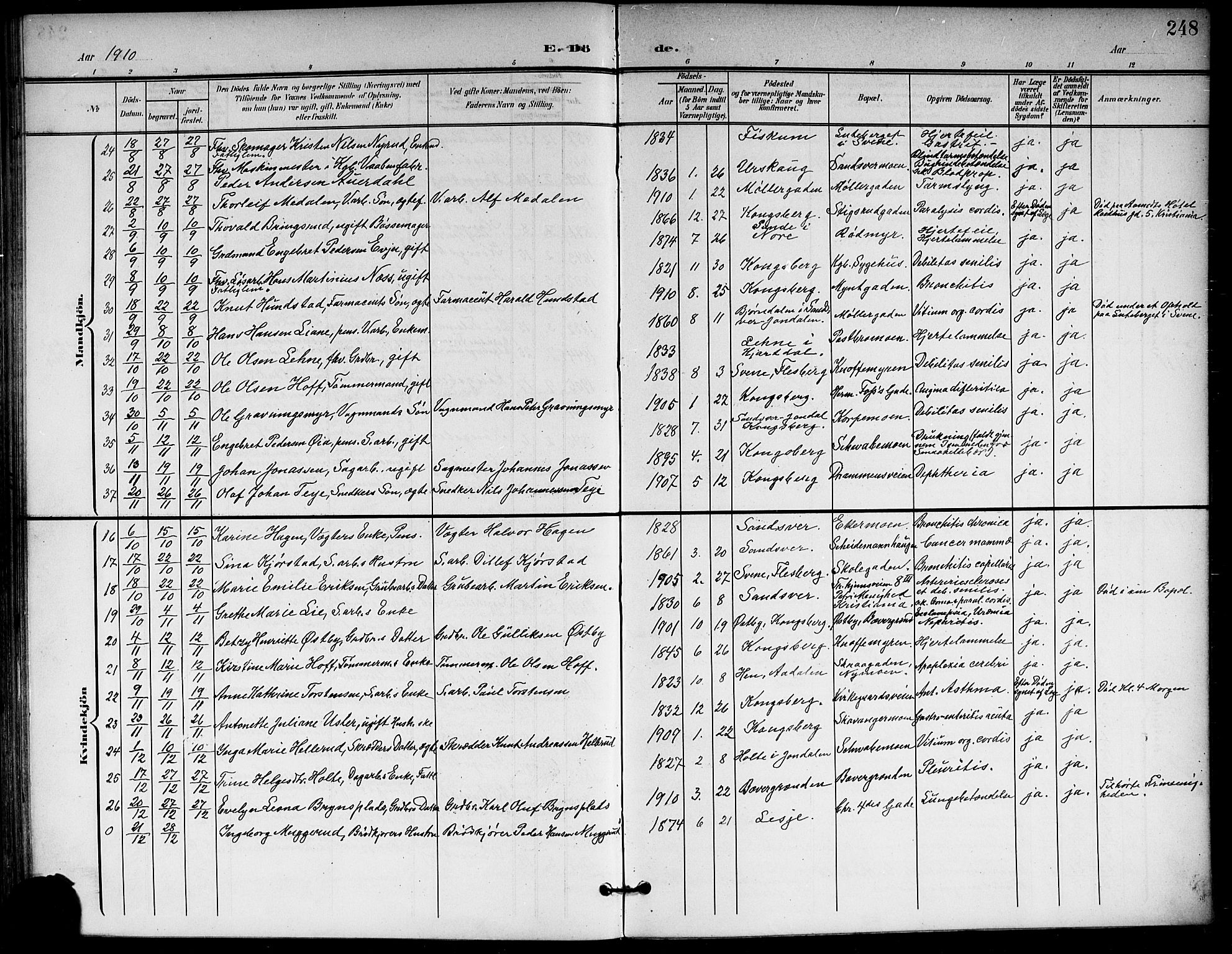 Kongsberg kirkebøker, AV/SAKO-A-22/G/Ga/L0007: Parish register (copy) no. 7, 1901-1915, p. 248