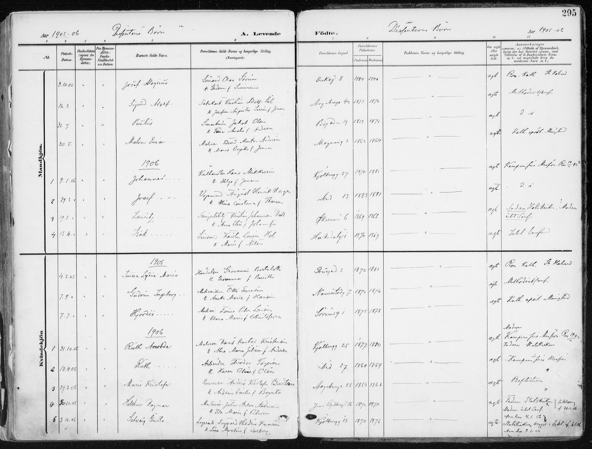 Kampen prestekontor Kirkebøker, SAO/A-10853/F/Fa/L0010: Parish register (official) no. I 10, 1905-1917, p. 295