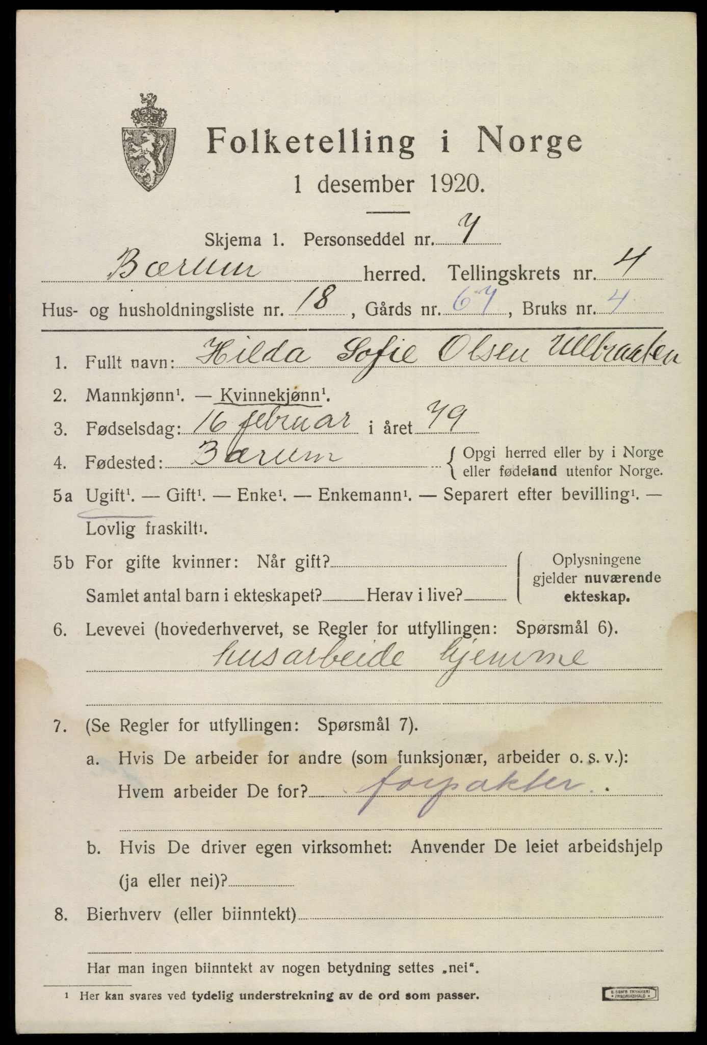 SAO, 1920 census for Bærum, 1920, p. 8988