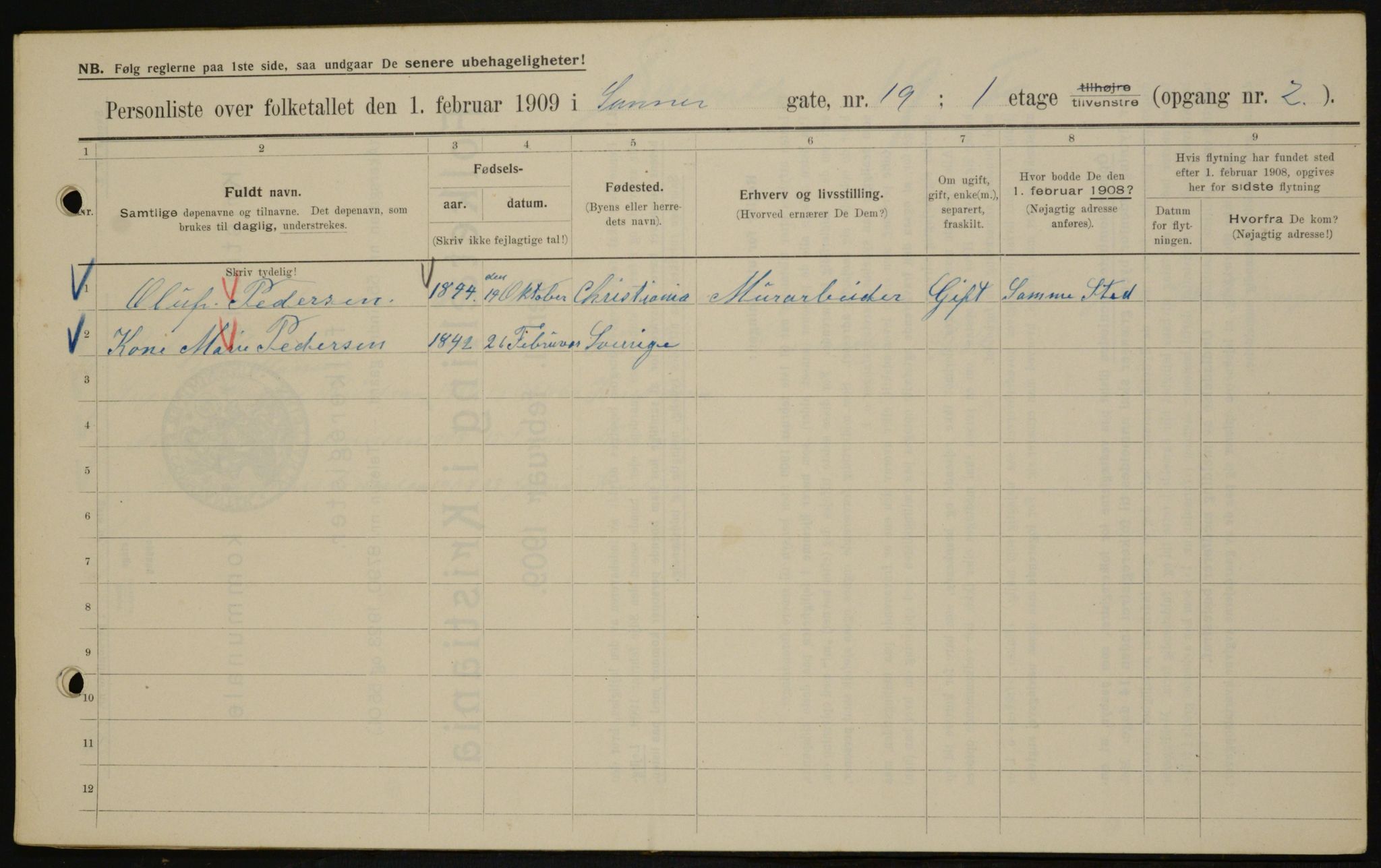 OBA, Municipal Census 1909 for Kristiania, 1909, p. 80654