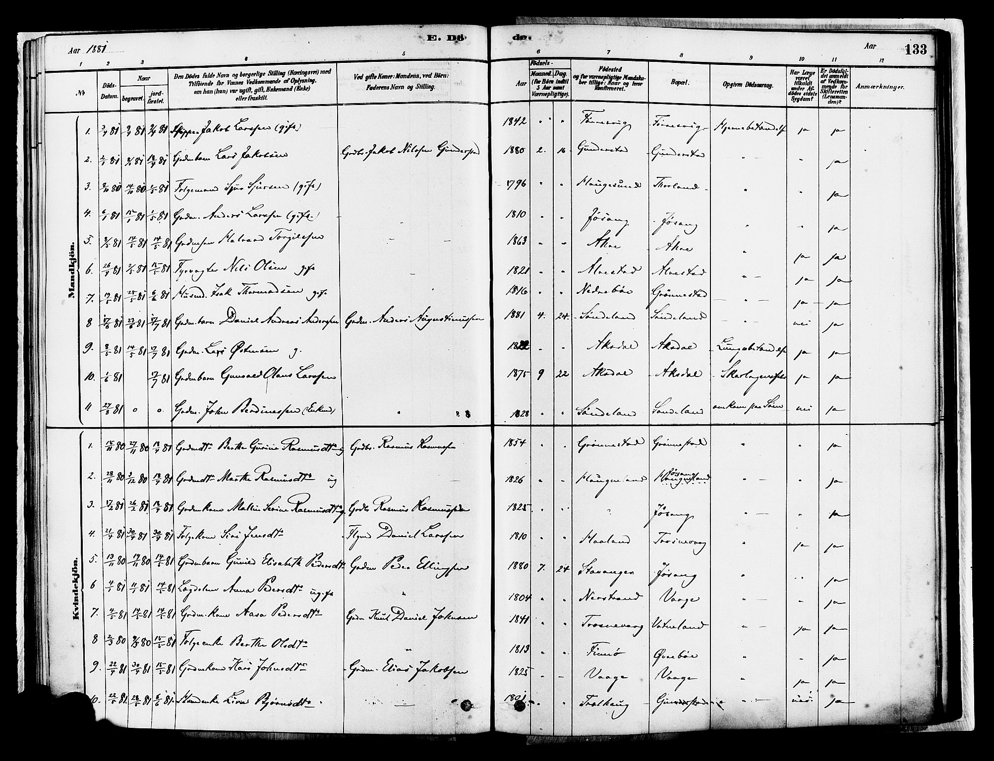 Tysvær sokneprestkontor, AV/SAST-A -101864/H/Ha/Haa/L0007: Parish register (official) no. A 7, 1878-1897, p. 133