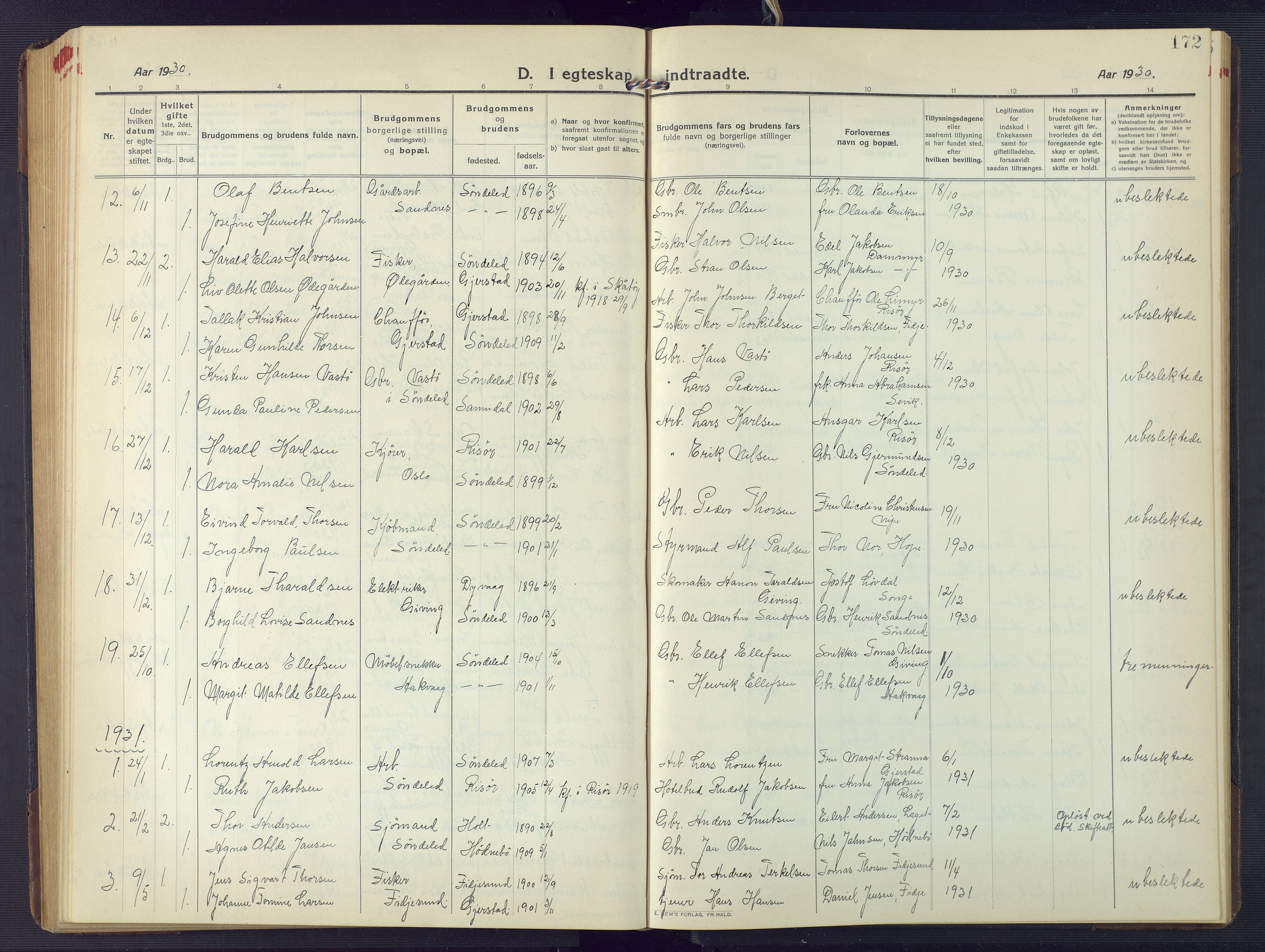 Søndeled sokneprestkontor, AV/SAK-1111-0038/F/Fb/L0006: Parish register (copy) no. B 7, 1912-1947, p. 172
