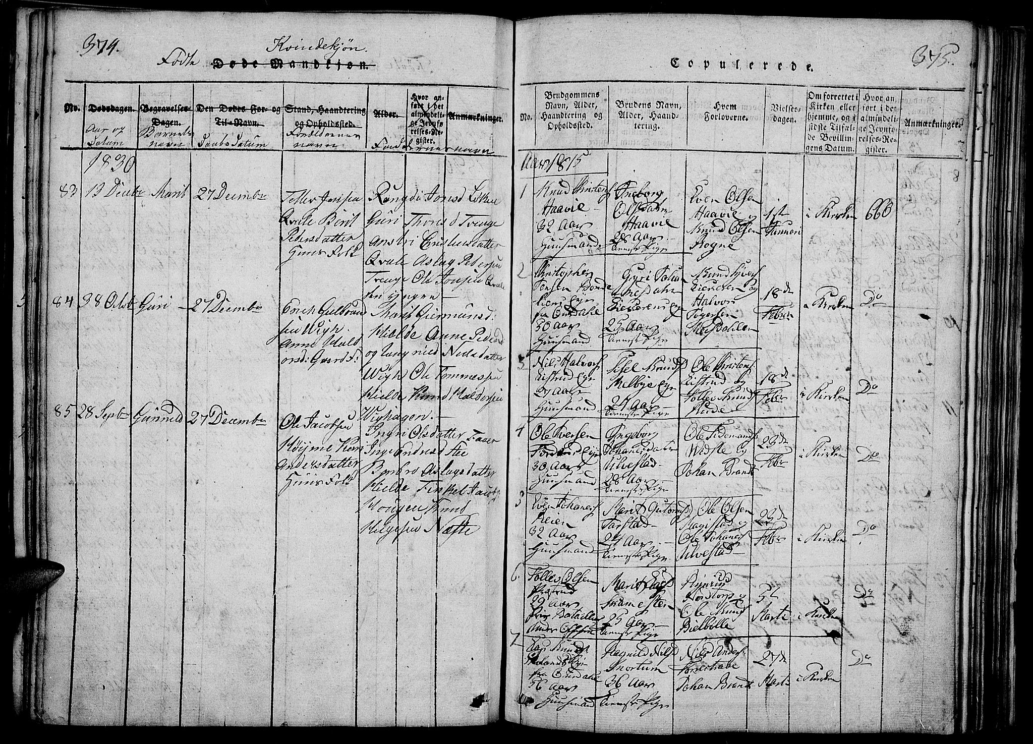 Slidre prestekontor, SAH/PREST-134/H/Ha/Haa/L0002: Parish register (official) no. 2, 1814-1830, p. 374-375