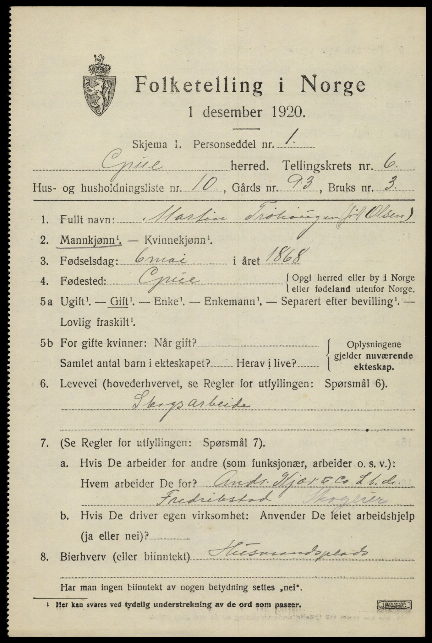 SAH, 1920 census for Grue, 1920, p. 6035