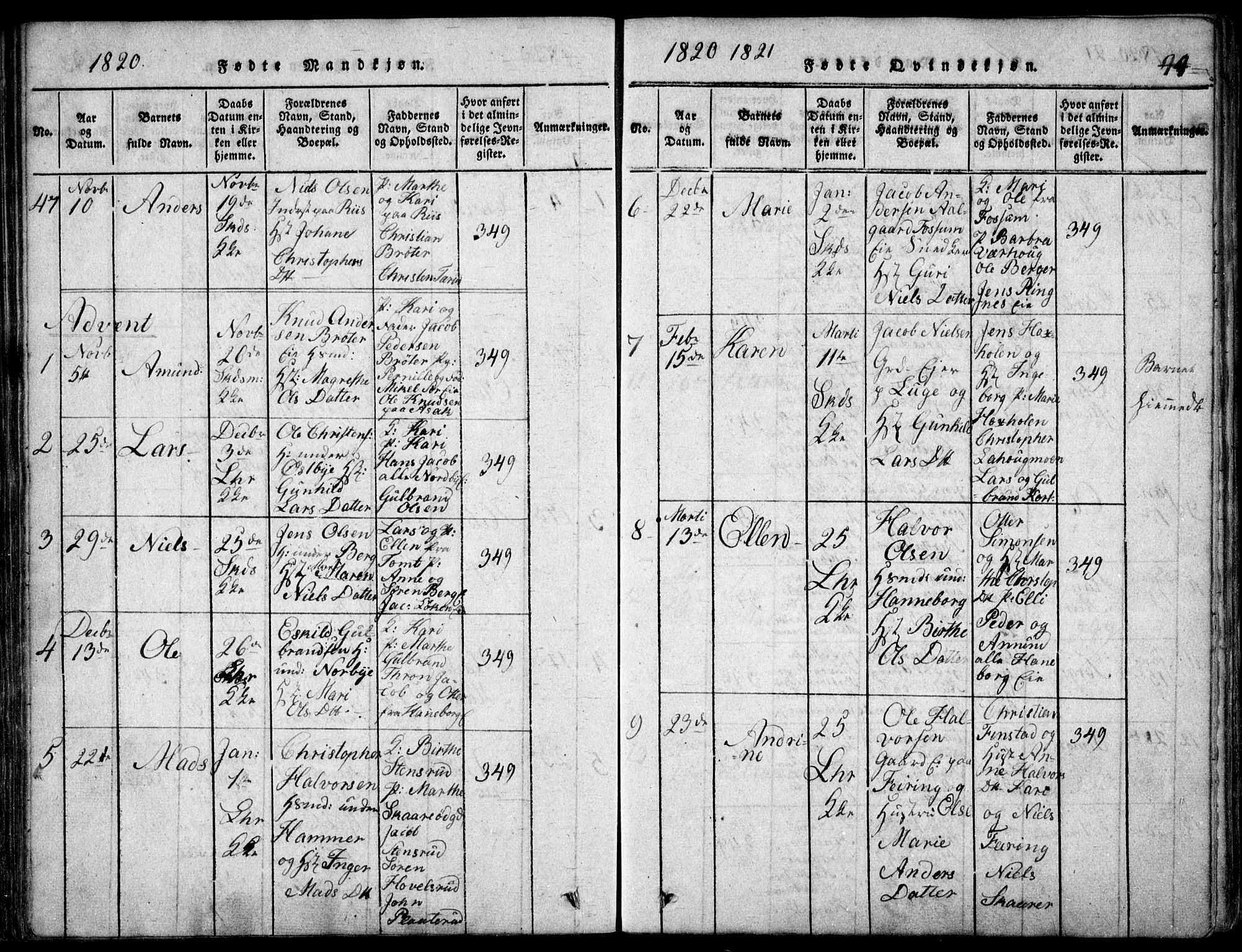 Skedsmo prestekontor Kirkebøker, SAO/A-10033a/F/Fa/L0008: Parish register (official) no. I 8, 1815-1829, p. 44