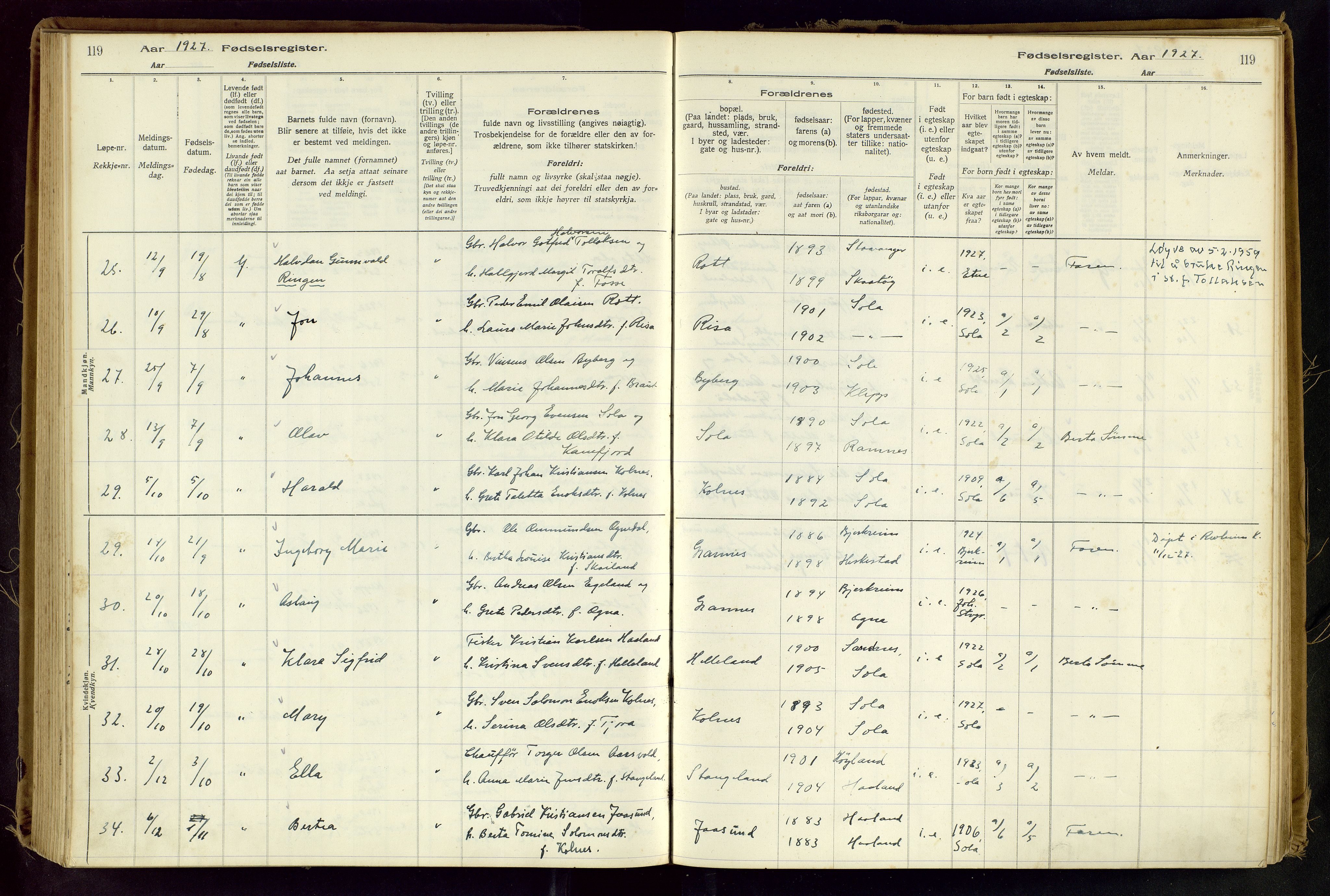 Håland sokneprestkontor, AV/SAST-A-101802/001/704BA/L0001: Birth register no. 1, 1916-1936, p. 119