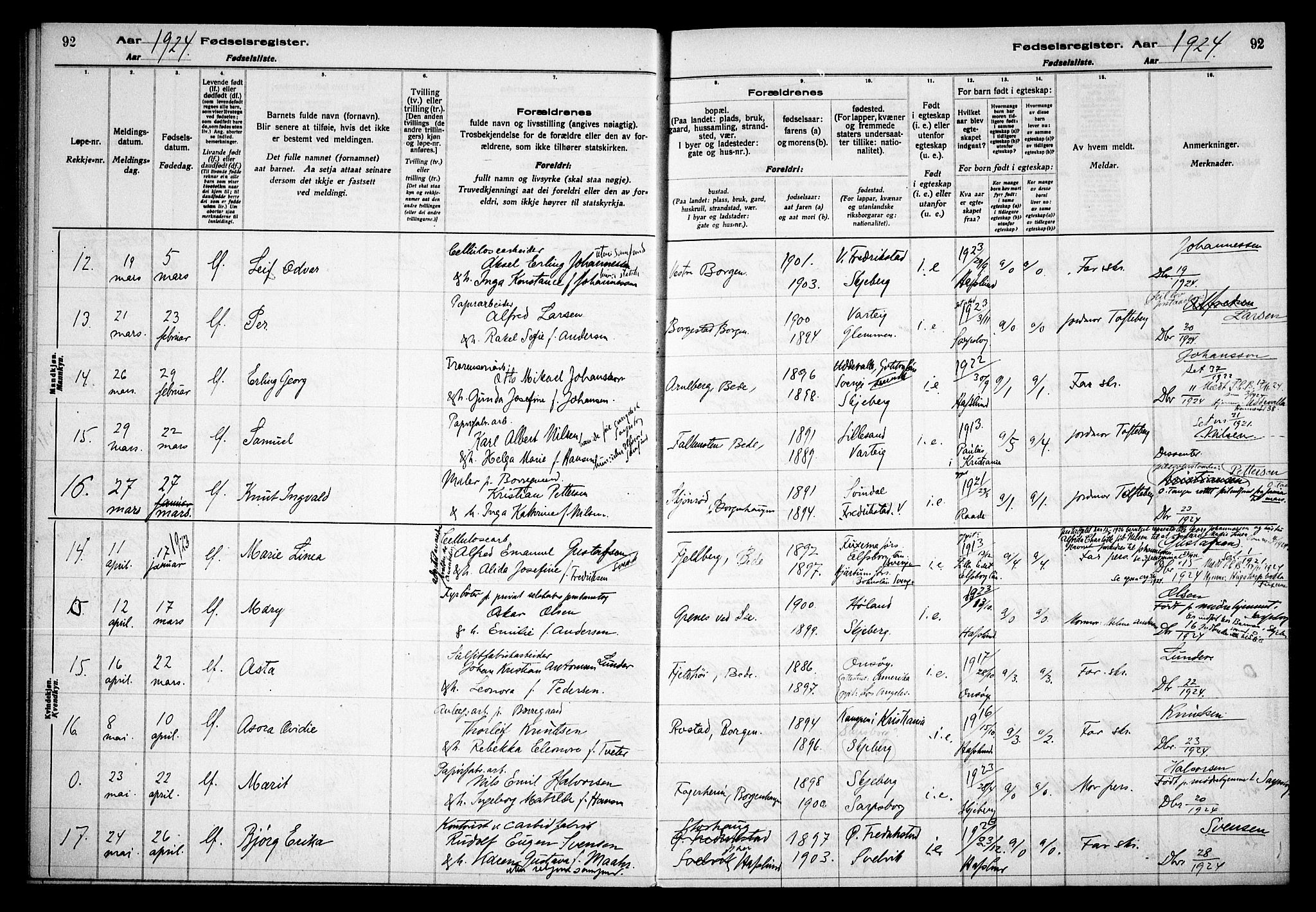 Skjeberg prestekontor Kirkebøker, AV/SAO-A-10923/J/Jd/L0001: Birth register no. IV 1, 1916-1935, p. 92