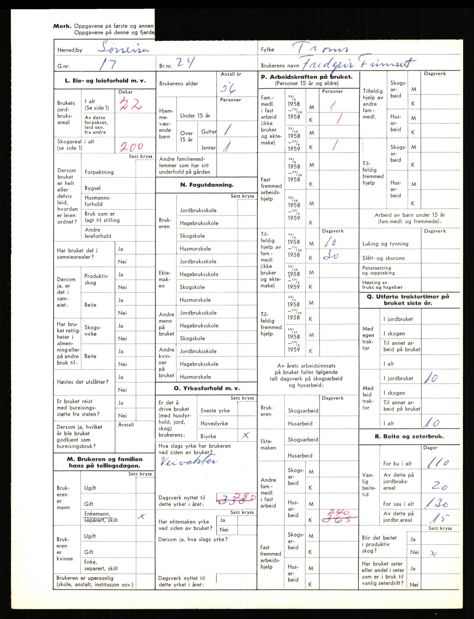 Statistisk sentralbyrå, Næringsøkonomiske emner, Jordbruk, skogbruk, jakt, fiske og fangst, AV/RA-S-2234/G/Gd/L0656: Troms: 1924 Målselv (kl. 0-3) og 1925 Sørreisa, 1959, p. 1725