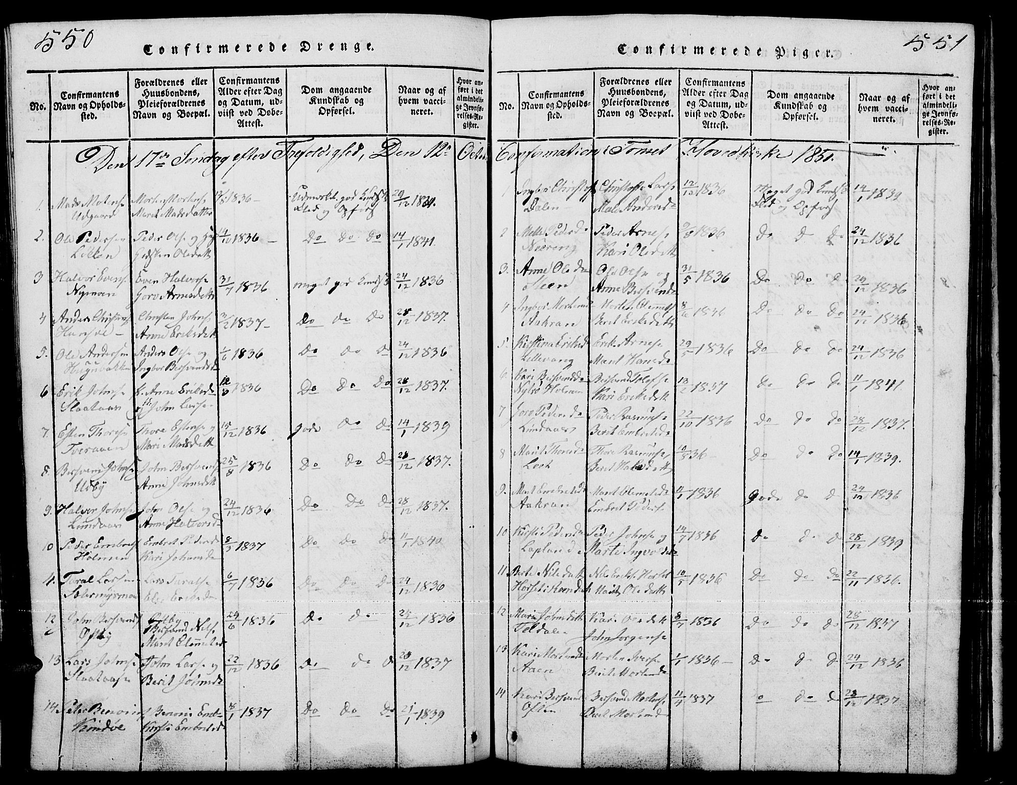 Tynset prestekontor, AV/SAH-PREST-058/H/Ha/Hab/L0001: Parish register (copy) no. 1, 1814-1859, p. 550-551