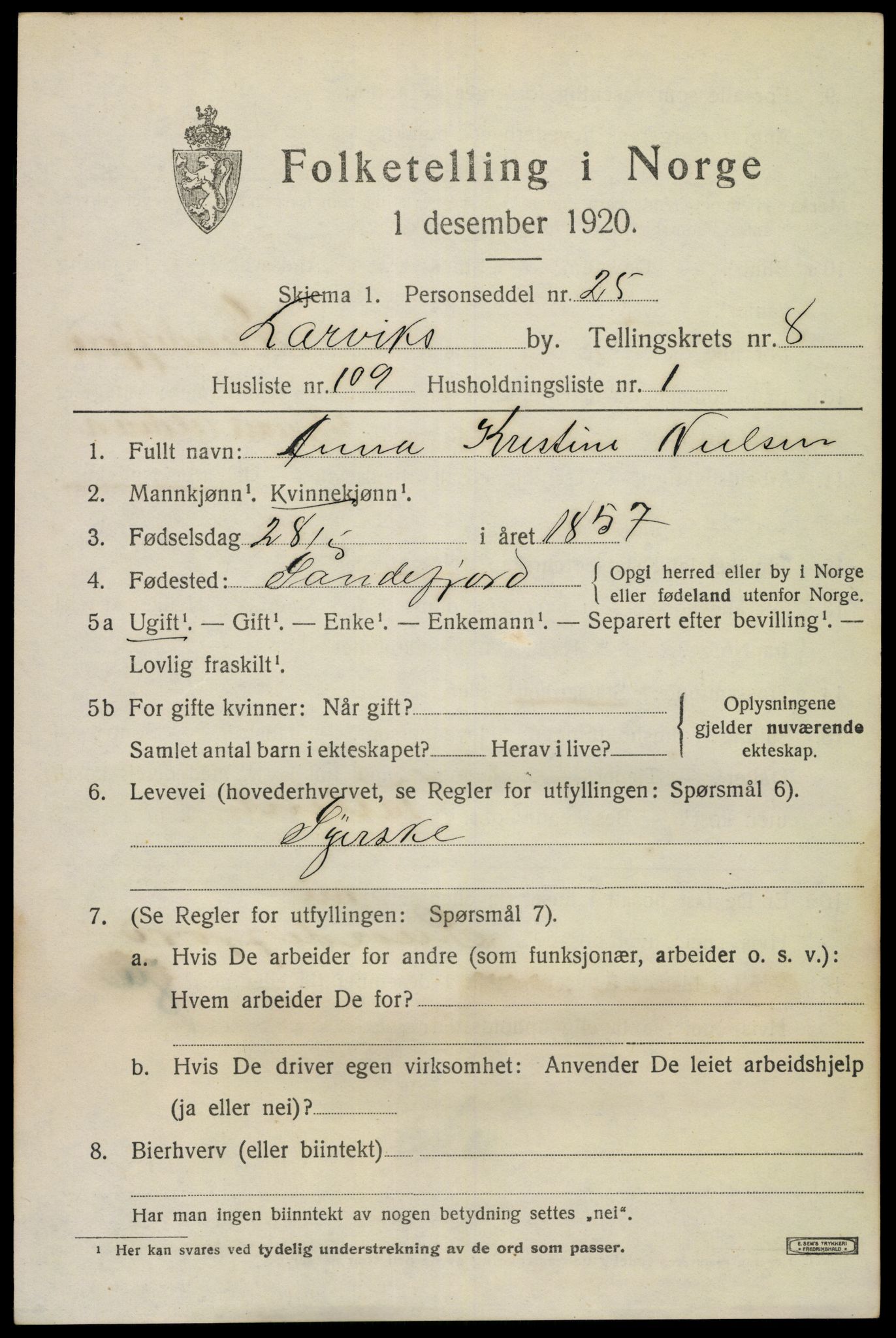 SAKO, 1920 census for Larvik, 1920, p. 24508