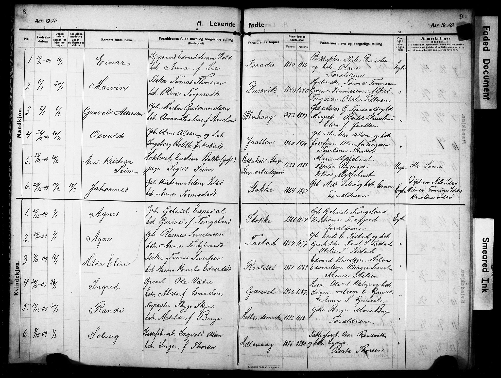 Hetland sokneprestkontor, SAST/A-101826/30/30BB/L0008: Parish register (copy) no. B 8, 1910-1921, p. 8-9