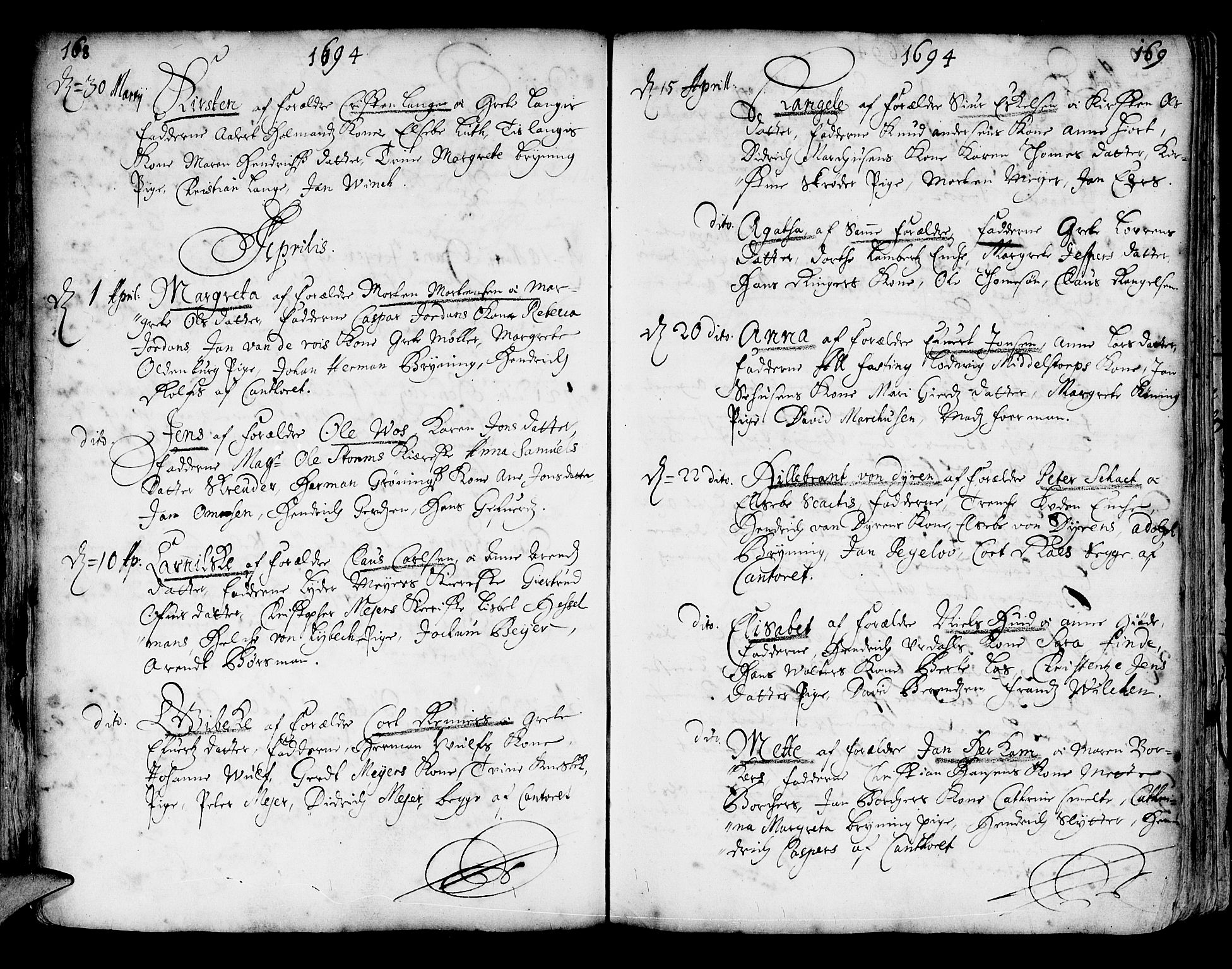 Korskirken sokneprestembete, SAB/A-76101/H/Haa/L0002: Parish register (official) no. A 2, 1688-1697, p. 168-169