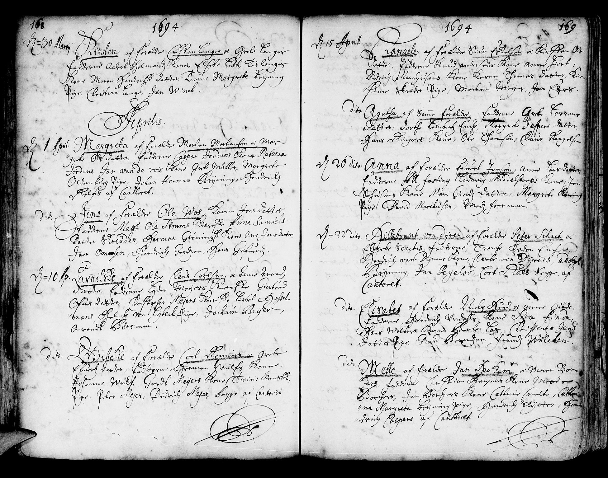 Korskirken sokneprestembete, AV/SAB-A-76101/H/Haa/L0002: Parish register (official) no. A 2, 1688-1697, p. 168-169