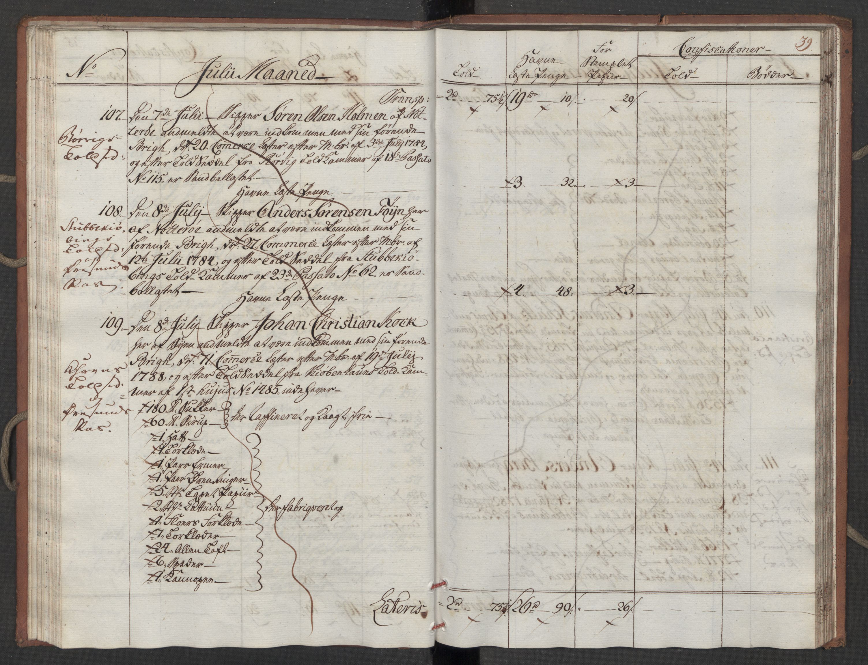 Generaltollkammeret, tollregnskaper, AV/RA-EA-5490/R10/L0052/0001: Tollregnskaper Tønsberg / Inngående tollbok, 1790, p. 38b-39a