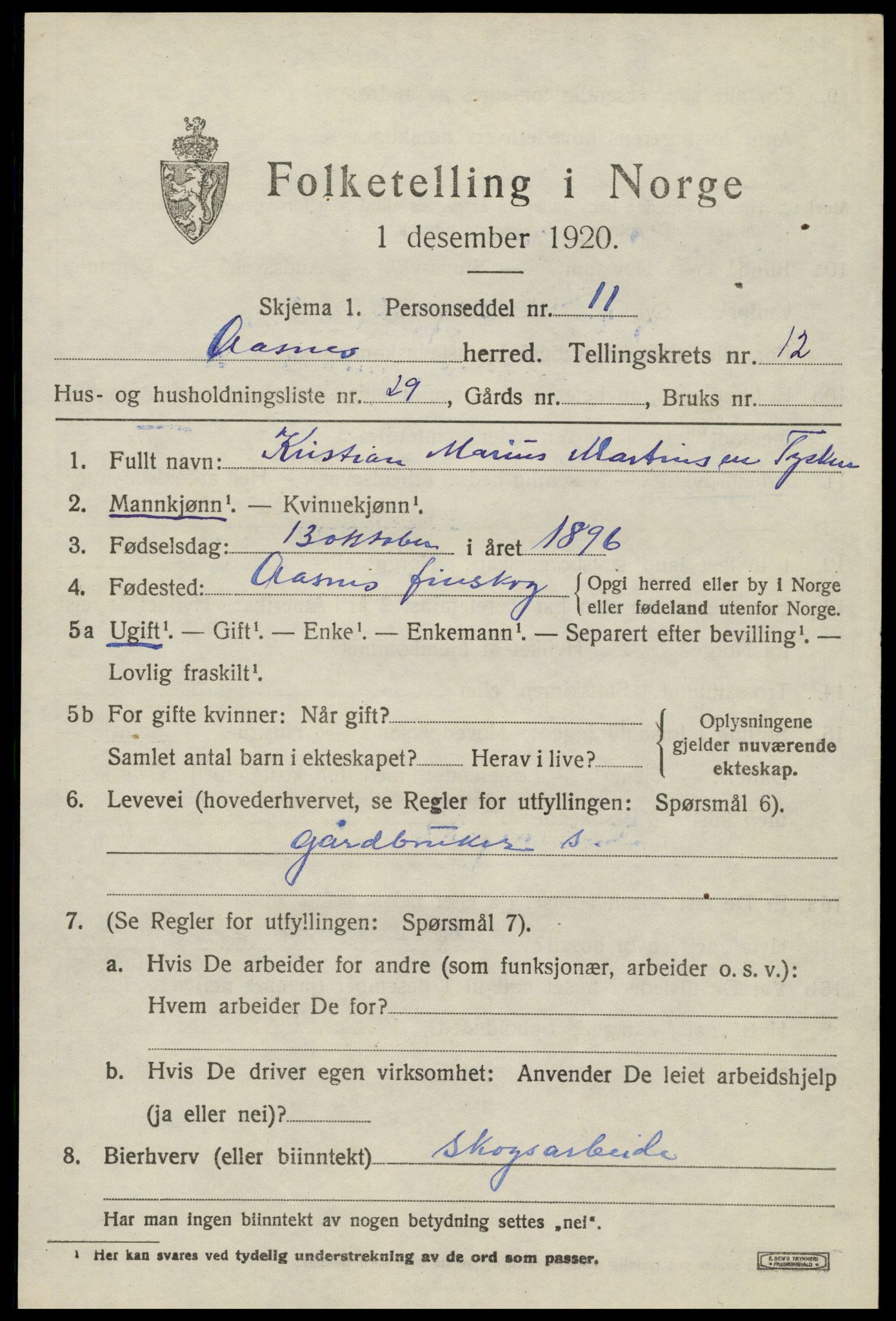 SAH, 1920 census for Åsnes, 1920, p. 12662