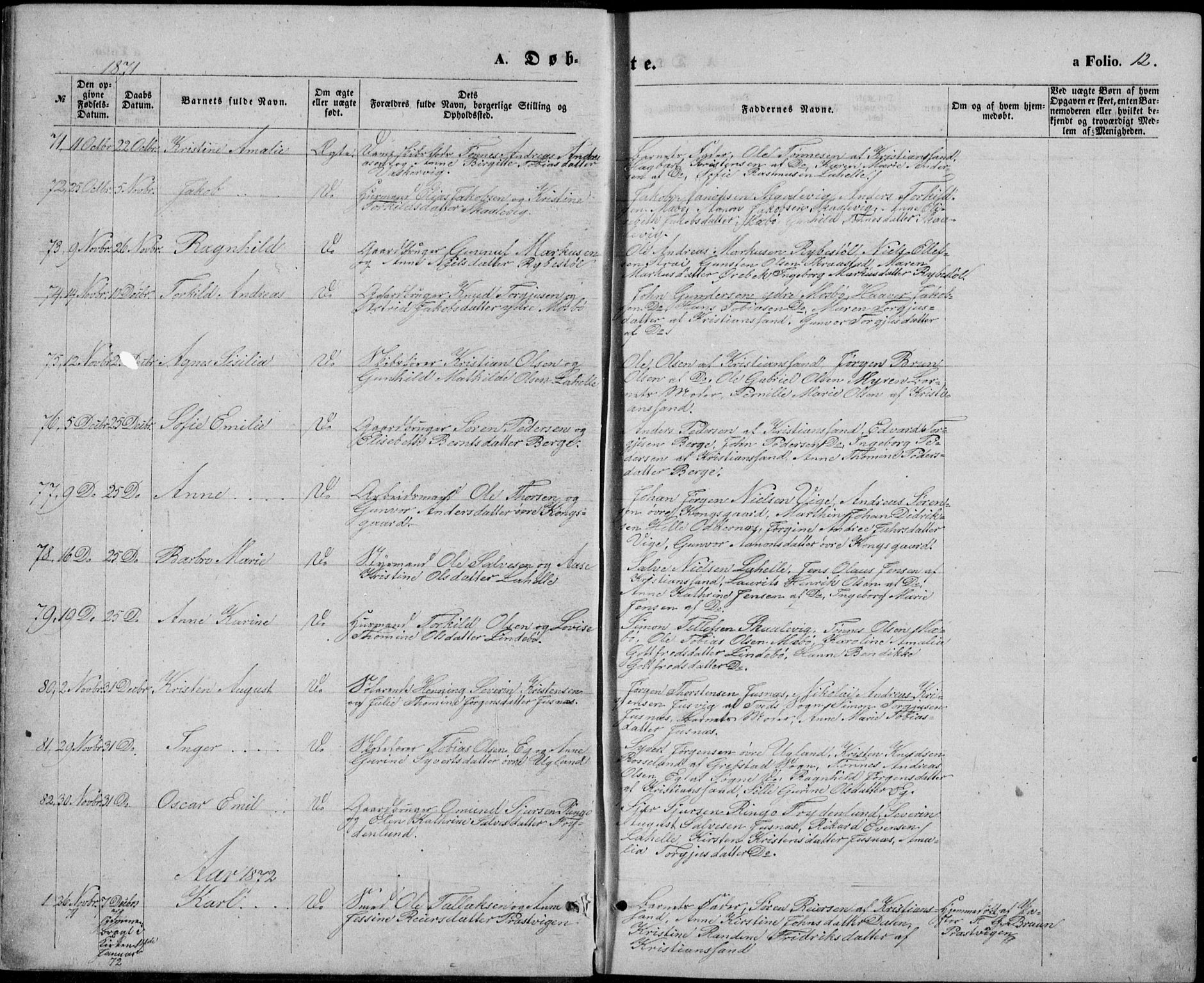 Oddernes sokneprestkontor, AV/SAK-1111-0033/F/Fb/Fba/L0007: Parish register (copy) no. B 7, 1869-1887, p. 12