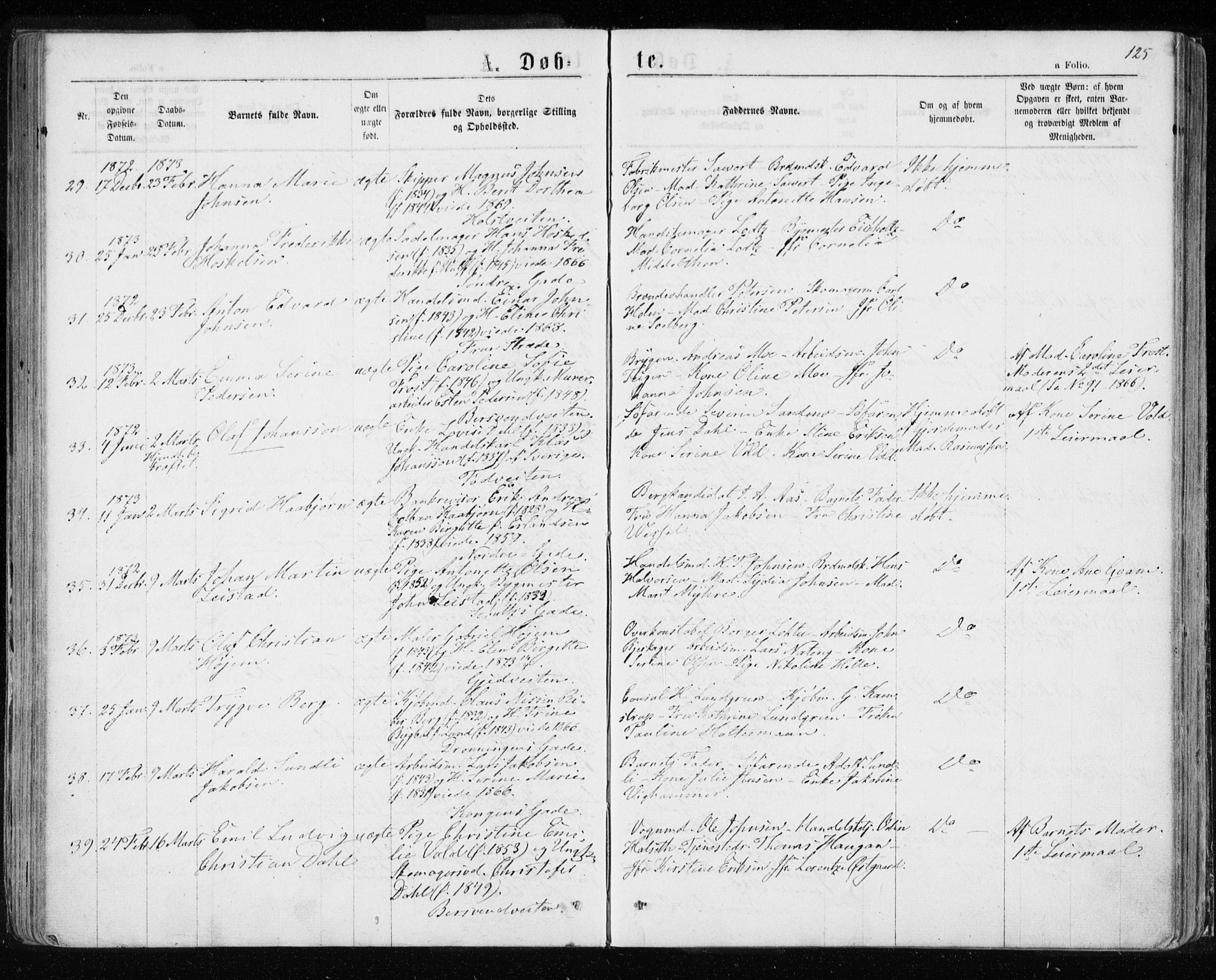 Ministerialprotokoller, klokkerbøker og fødselsregistre - Sør-Trøndelag, SAT/A-1456/601/L0054: Parish register (official) no. 601A22, 1866-1877, p. 125
