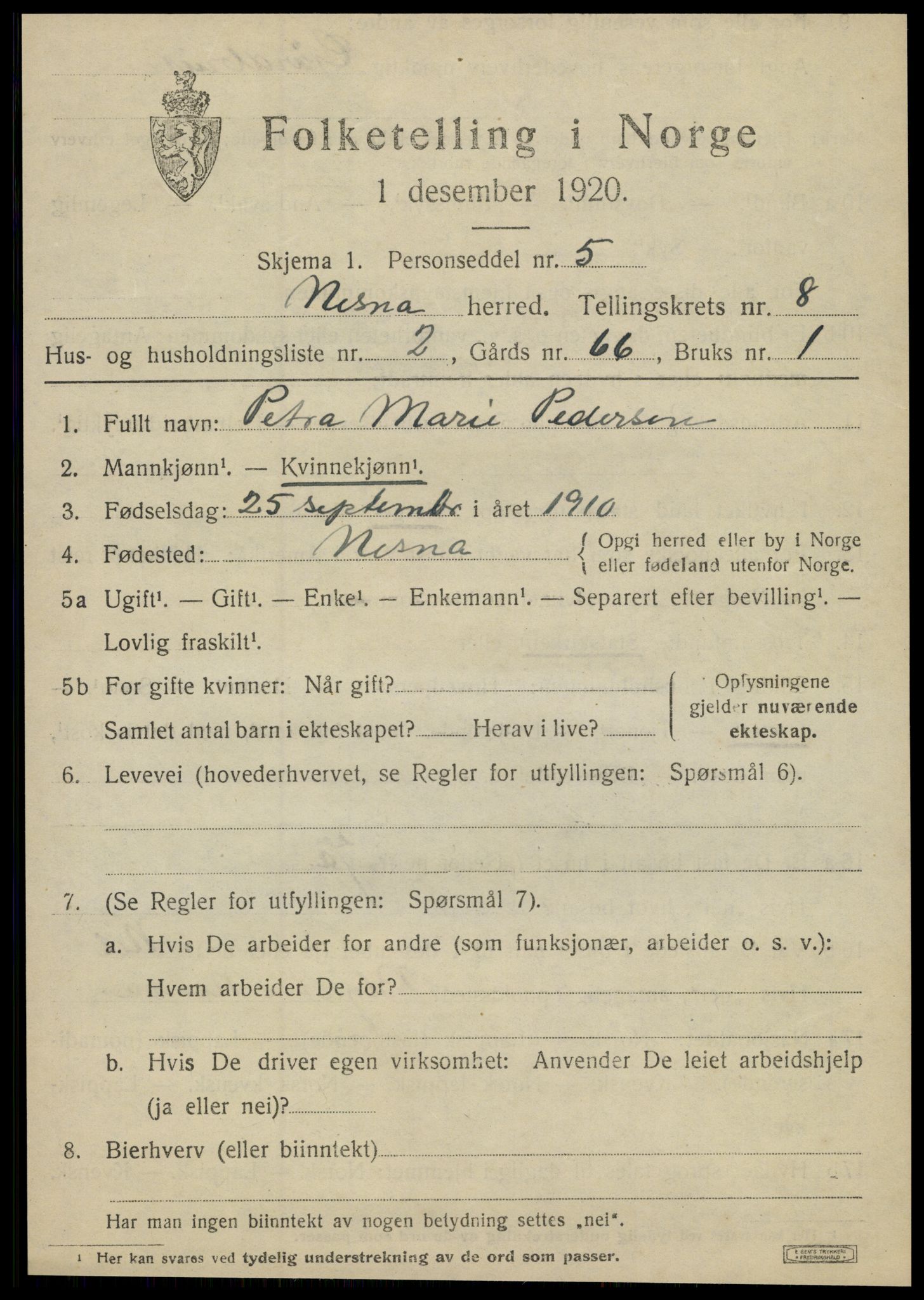 SAT, 1920 census for Nesna, 1920, p. 6573