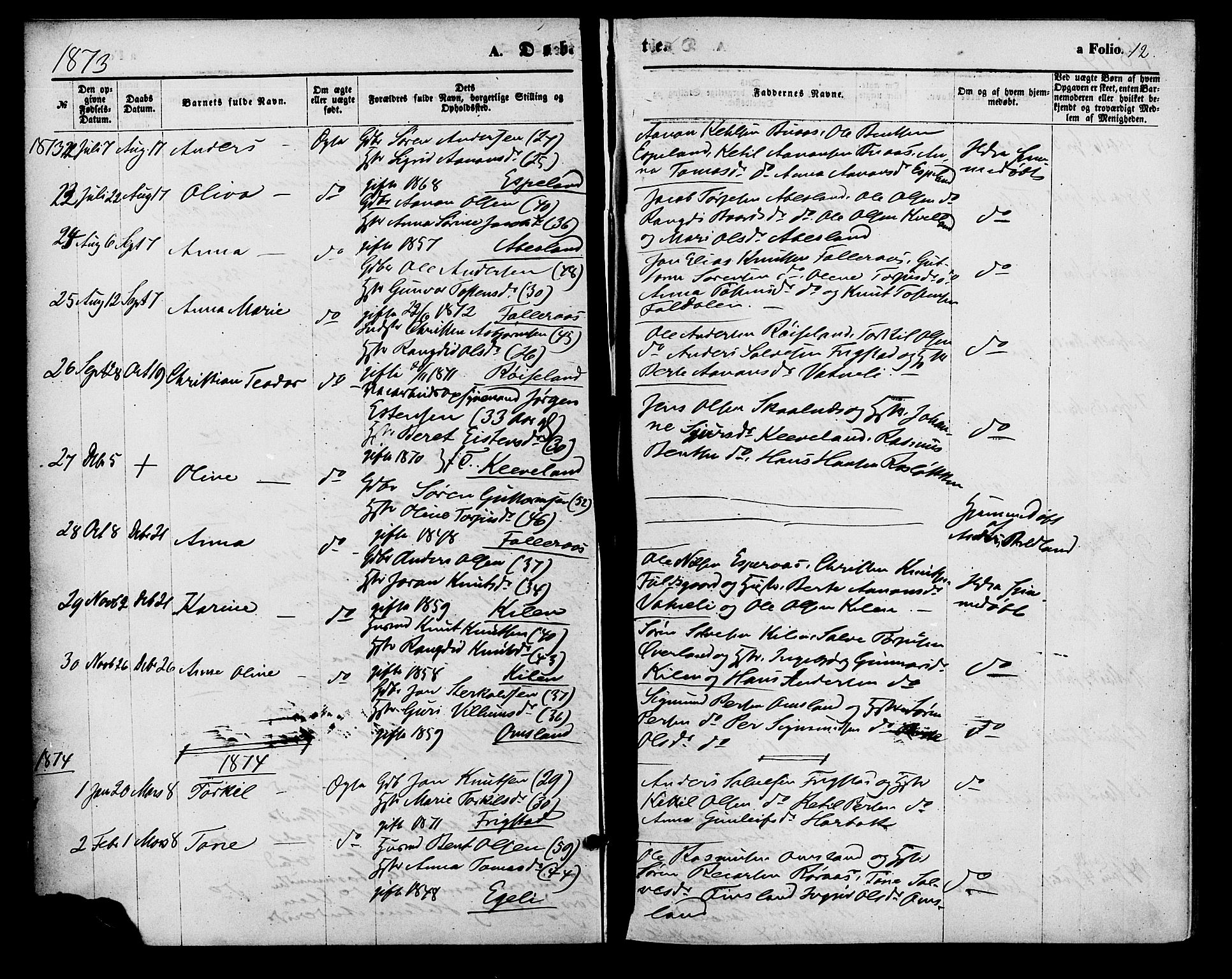 Bjelland sokneprestkontor, SAK/1111-0005/F/Fa/Fab/L0003: Parish register (official) no. A 3, 1870-1887, p. 12
