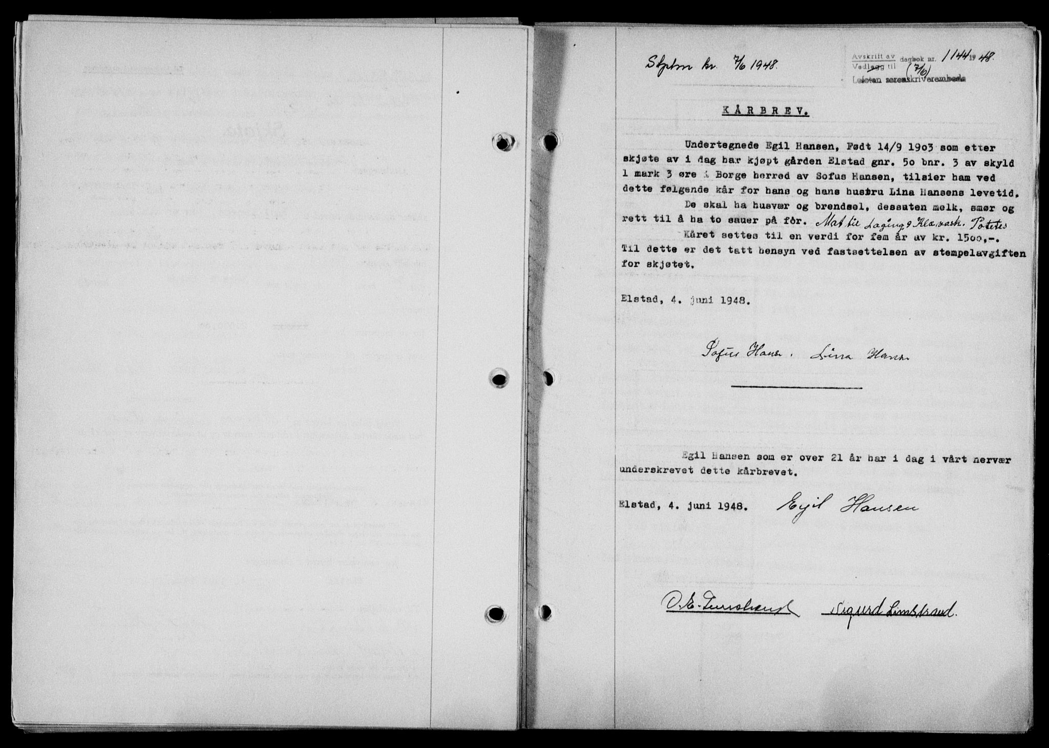 Lofoten sorenskriveri, SAT/A-0017/1/2/2C/L0018a: Mortgage book no. 18a, 1948-1948, Diary no: : 1144/1948