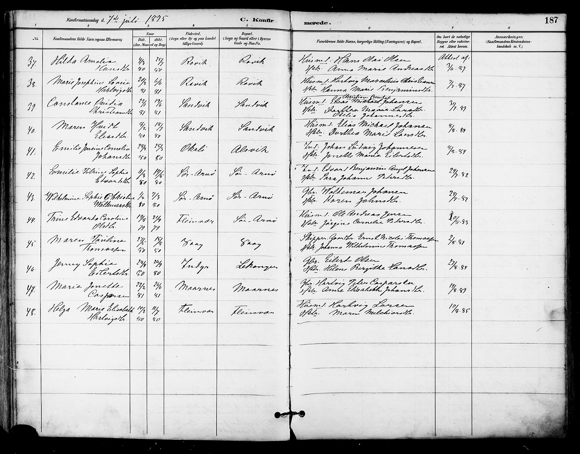 Ministerialprotokoller, klokkerbøker og fødselsregistre - Nordland, SAT/A-1459/805/L0101: Parish register (official) no. 805A07, 1892-1899, p. 187