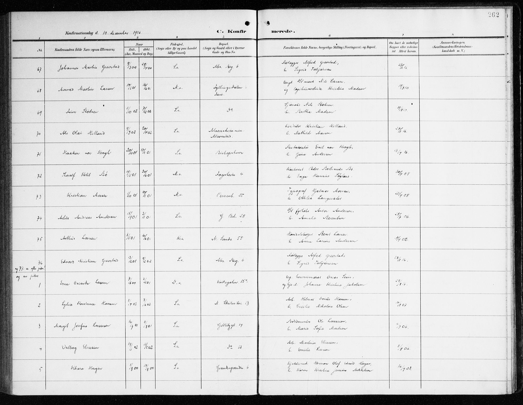 Sandviken Sokneprestembete, AV/SAB-A-77601/H/Ha/L0011: Parish register (official) no. C 2, 1905-1918, p. 262