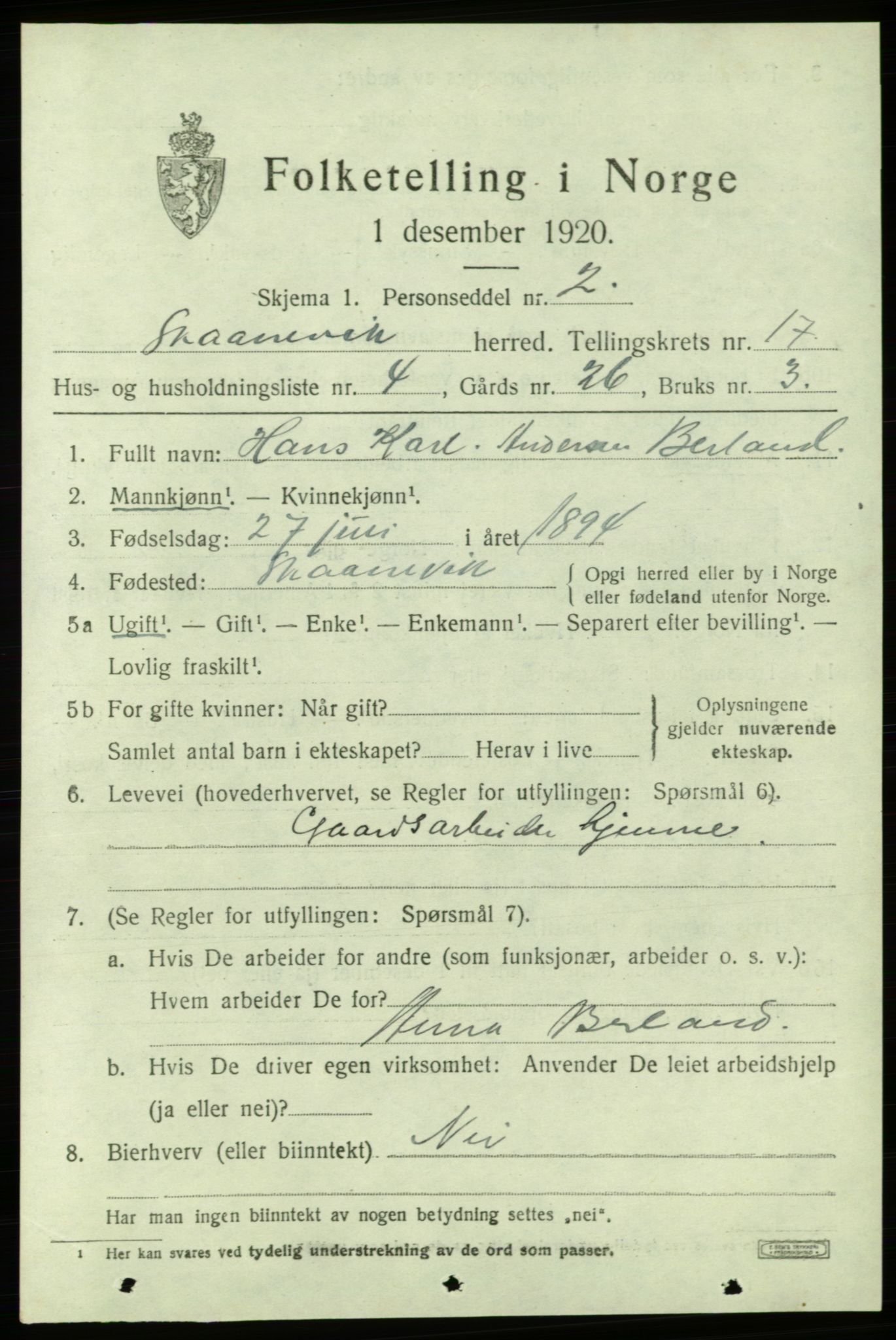 SAB, 1920 census for Skånevik, 1920, p. 6605