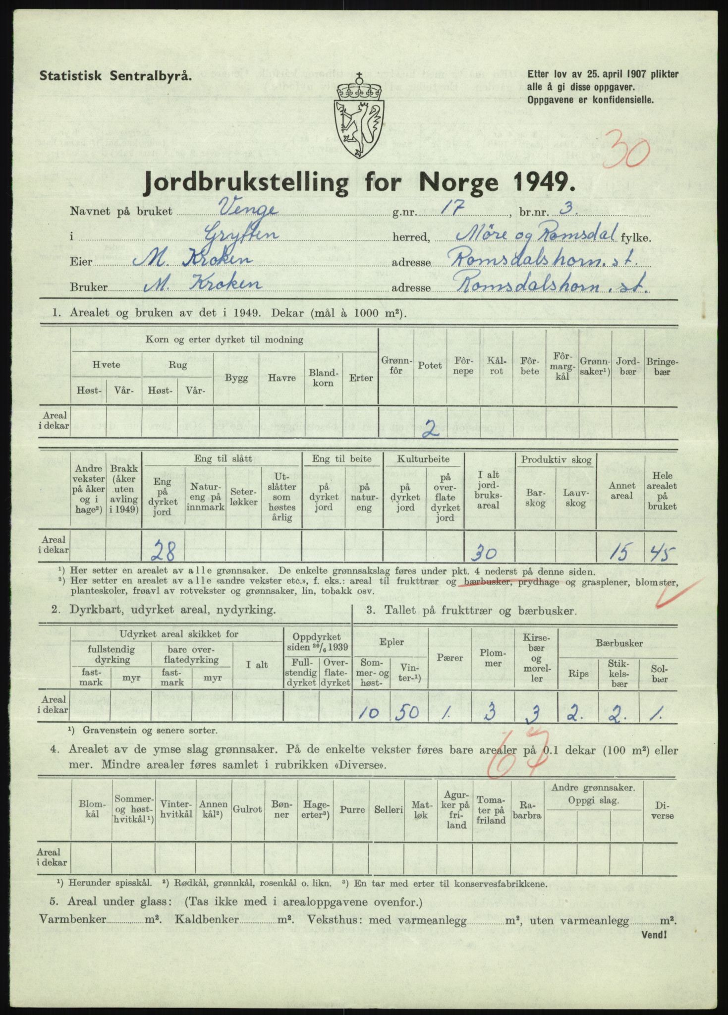 Statistisk sentralbyrå, Næringsøkonomiske emner, Jordbruk, skogbruk, jakt, fiske og fangst, AV/RA-S-2234/G/Gc/L0323: Møre og Romsdal: Grytten og Hen, 1949, p. 117