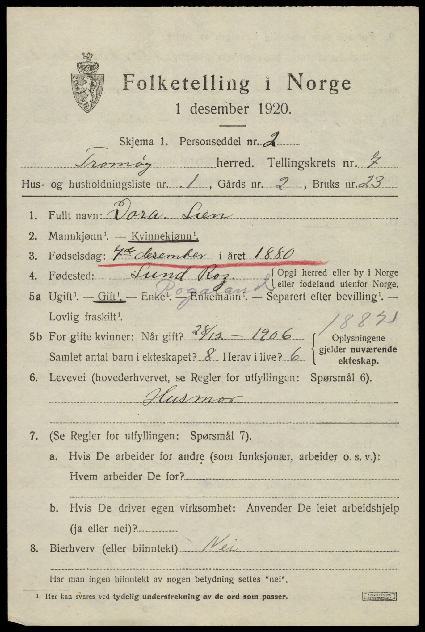 SAK, 1920 census for Tromøy, 1920, p. 4965