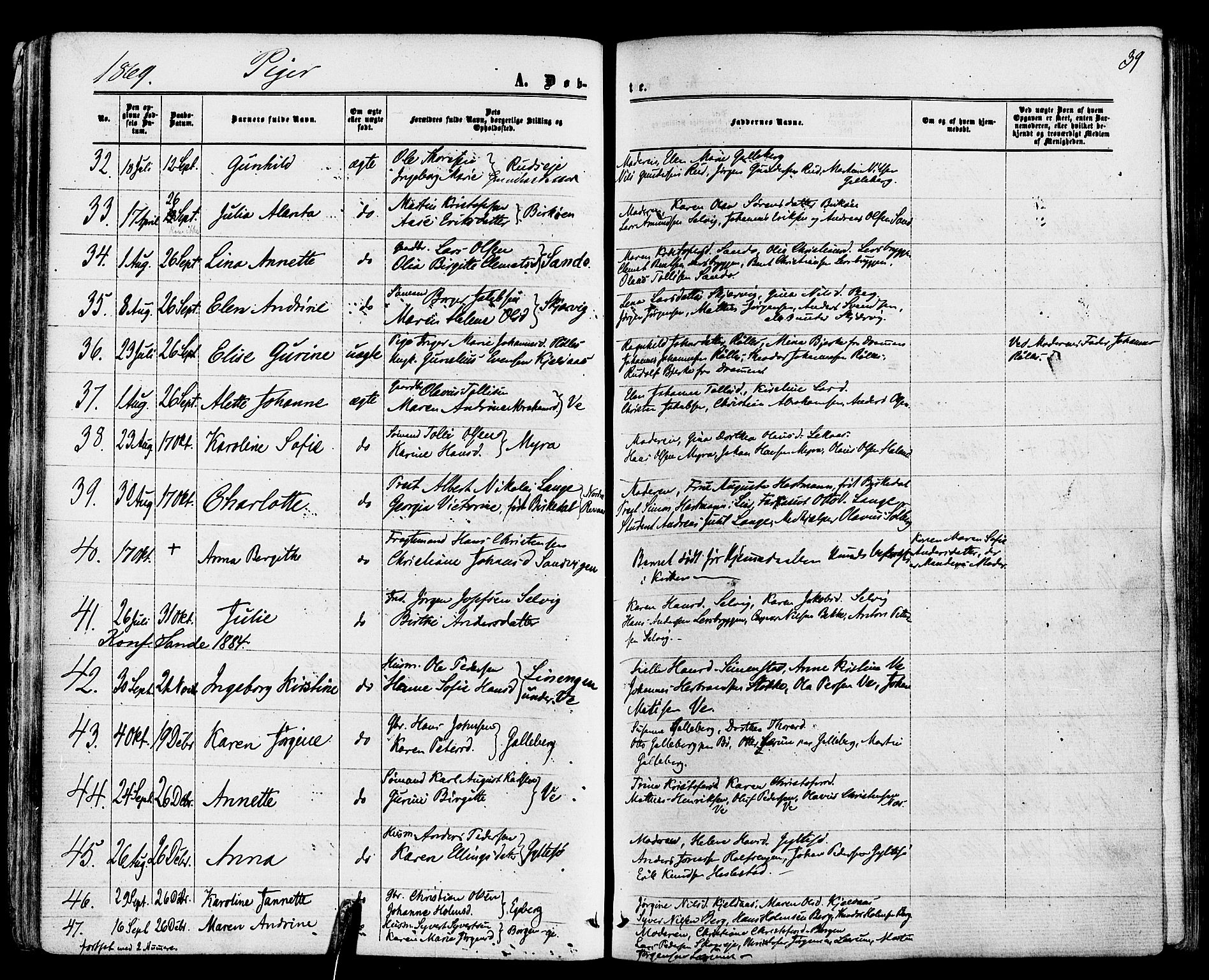 Sande Kirkebøker, AV/SAKO-A-53/F/Fa/L0005: Parish register (official) no. 5, 1865-1877, p. 39