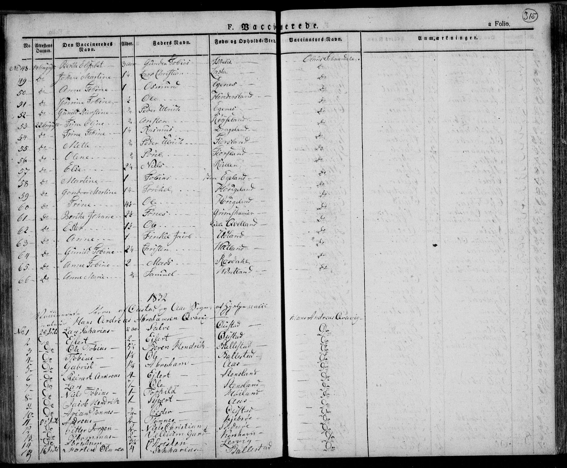 Lyngdal sokneprestkontor, AV/SAK-1111-0029/F/Fa/Fac/L0007: Parish register (official) no. A 7, 1825-1838, p. 315