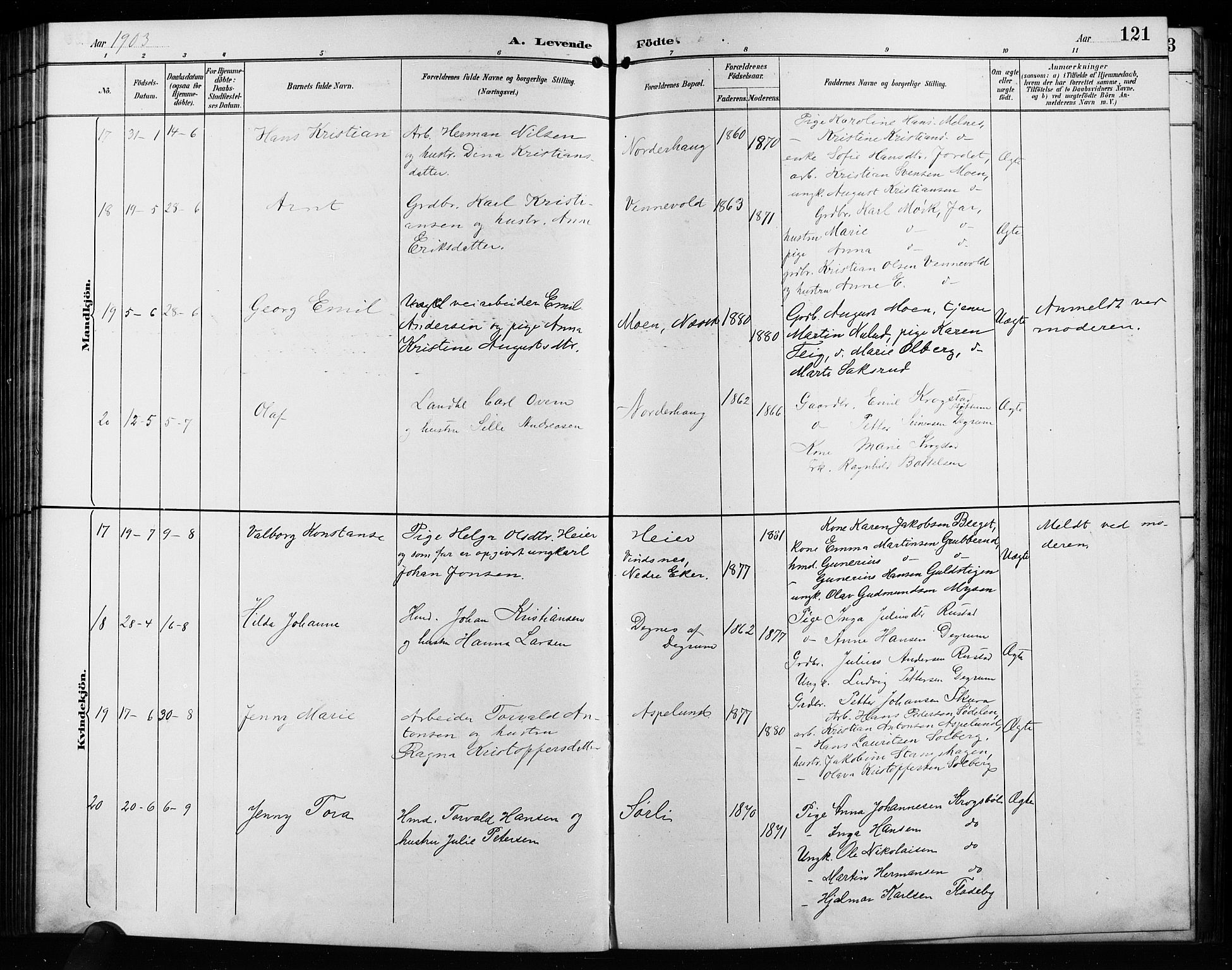 Enebakk prestekontor Kirkebøker, AV/SAO-A-10171c/G/Ga/L0006: Parish register (copy) no. I 6, 1889-1911, p. 121