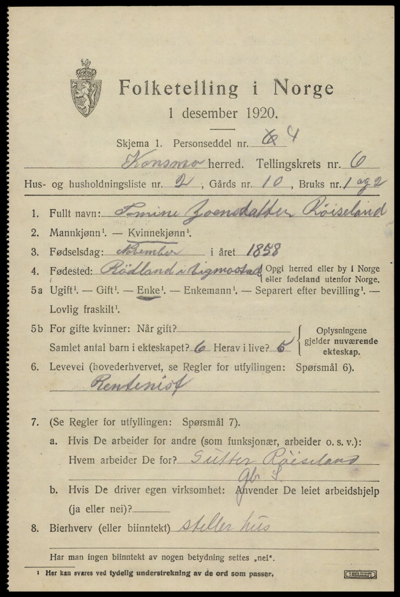 SAK, 1920 census for Konsmo, 1920, p. 1412