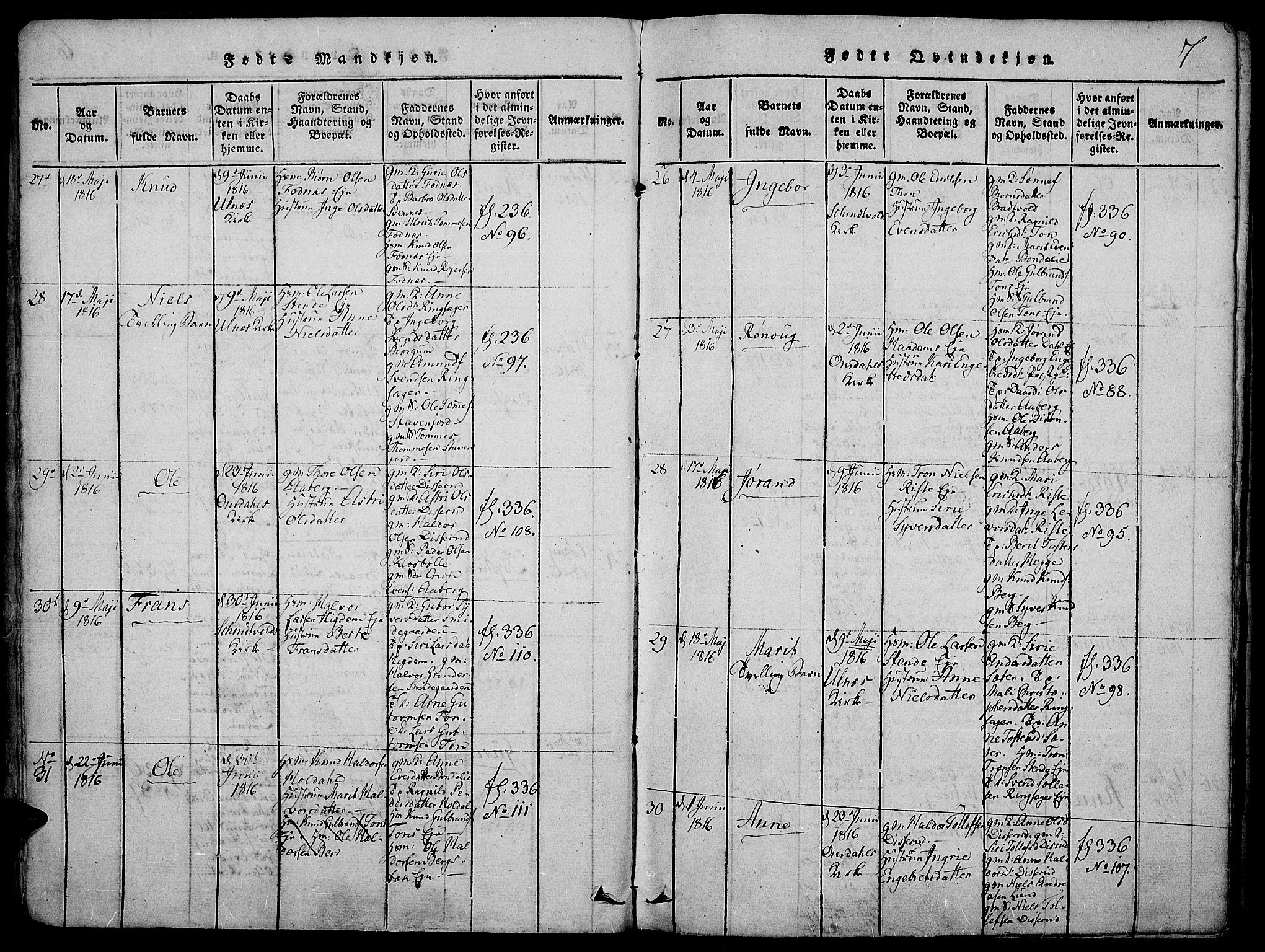 Nord-Aurdal prestekontor, SAH/PREST-132/H/Ha/Haa/L0002: Parish register (official) no. 2, 1816-1828, p. 7