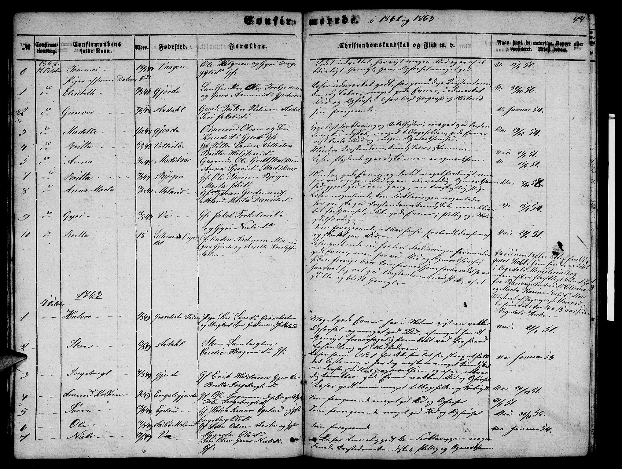 Etne sokneprestembete, SAB/A-75001/H/Hab: Parish register (copy) no. B 2, 1851-1866, p. 44