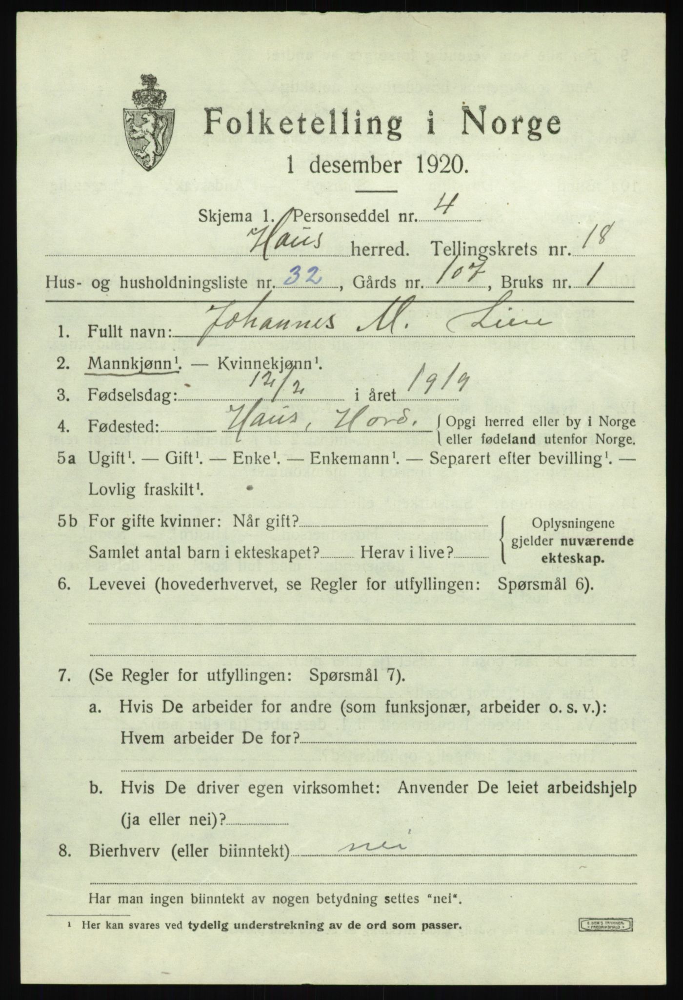 SAB, 1920 census for Haus, 1920, p. 12254