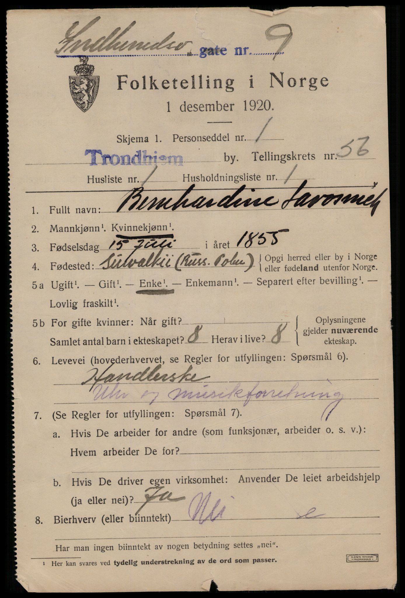 SAT, 1920 census for Trondheim, 1920, p. 113466