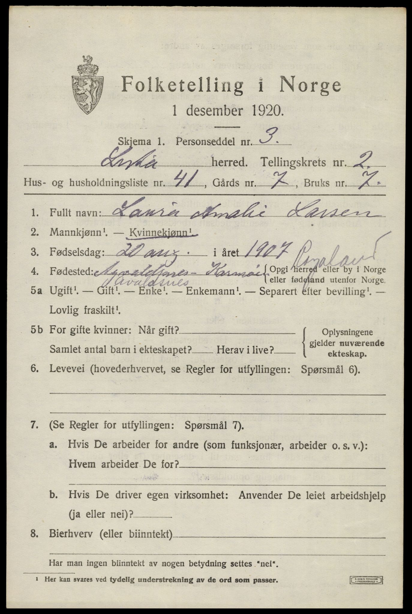 SAK, 1920 census for Lista, 1920, p. 3901