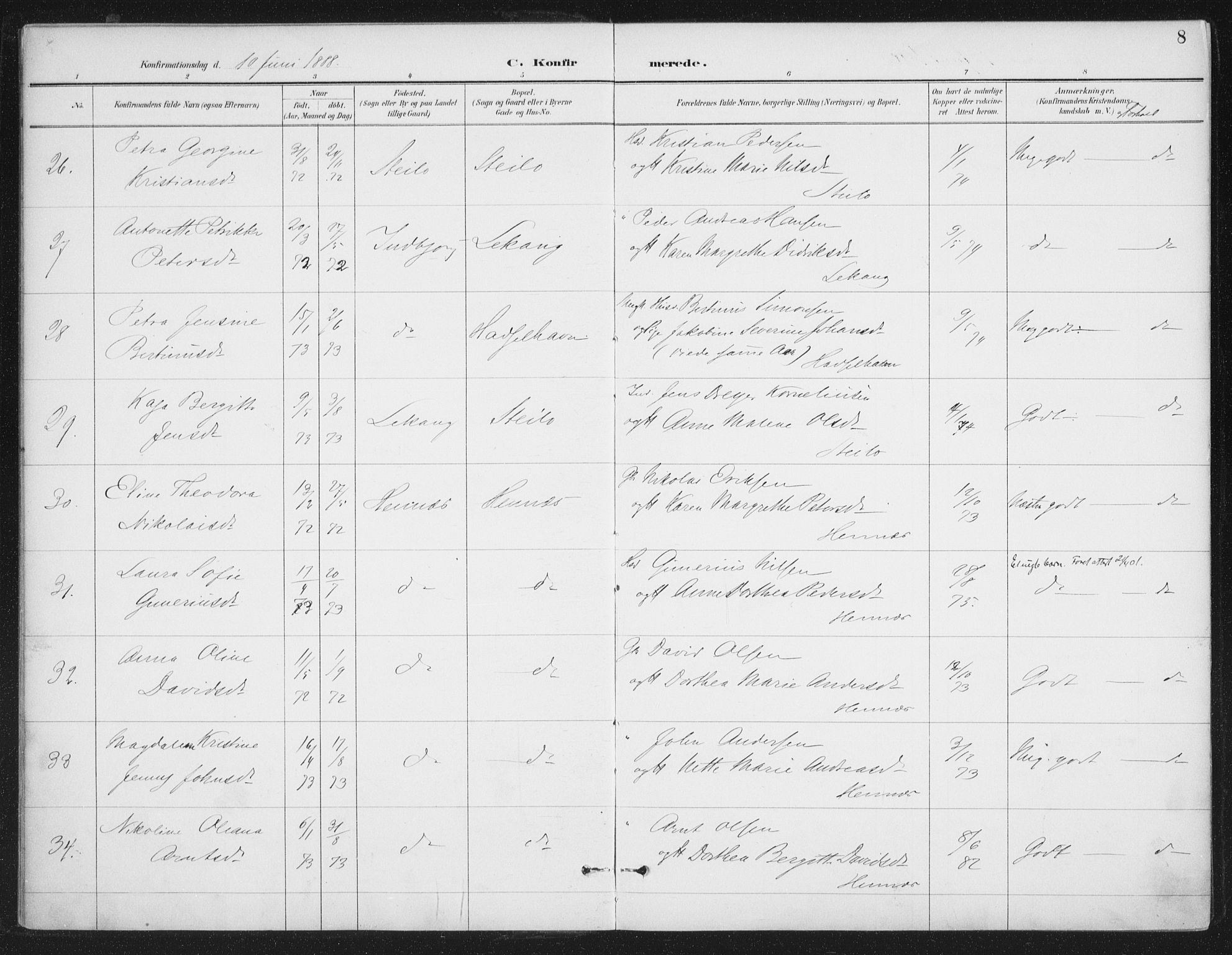 Ministerialprotokoller, klokkerbøker og fødselsregistre - Nordland, AV/SAT-A-1459/888/L1245: Parish register (official) no. 888A11, 1888-1900, p. 8