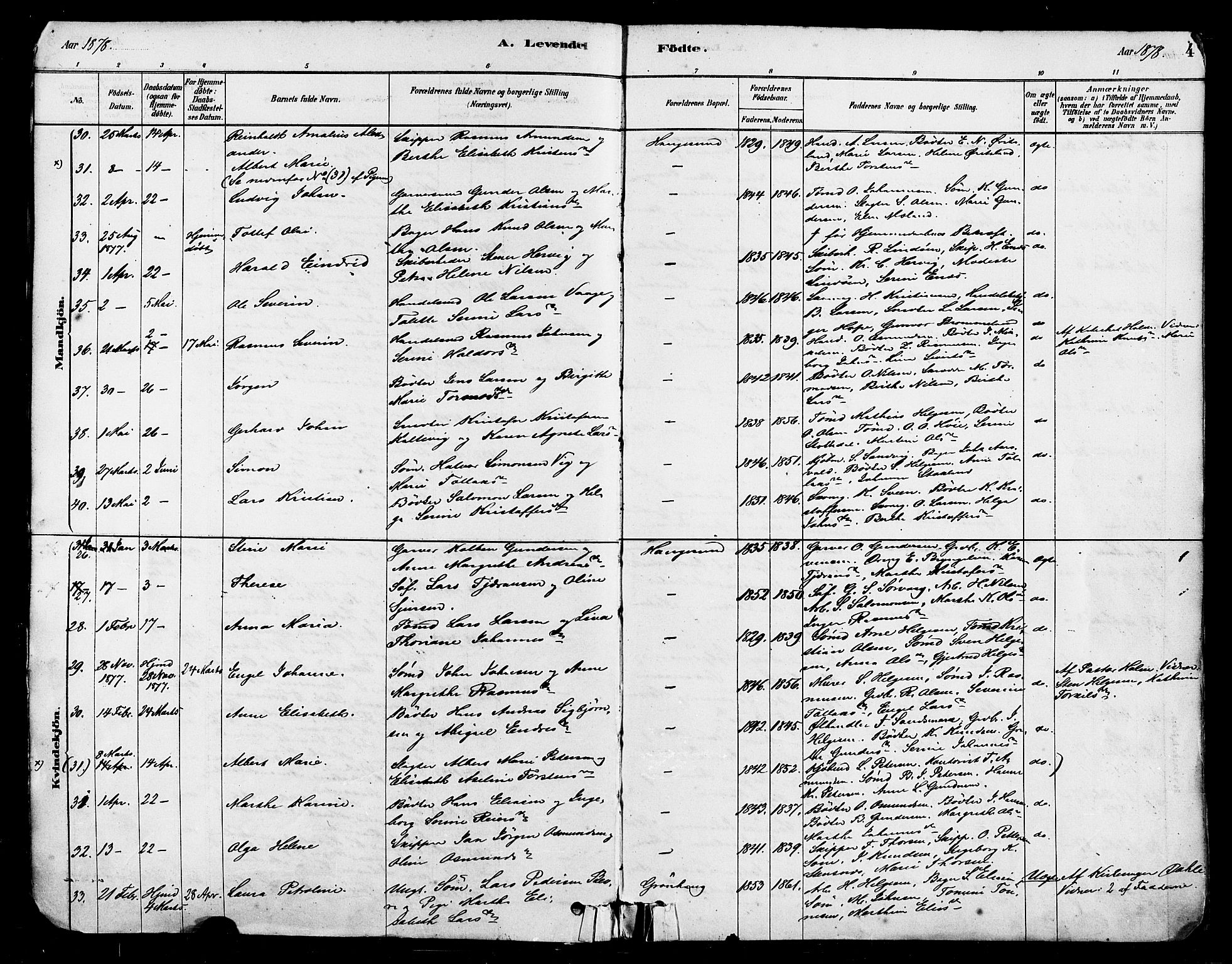 Haugesund sokneprestkontor, AV/SAST-A -101863/H/Ha/Haa/L0001: Parish register (official) no. A 1, 1878-1885, p. 4