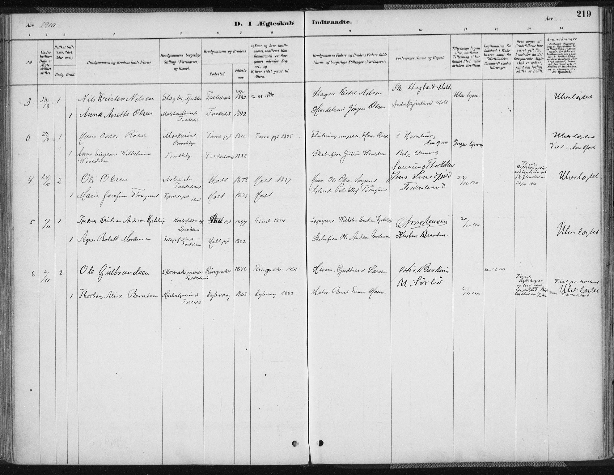 Tvedestrand sokneprestkontor, SAK/1111-0042/F/Fa/L0001: Parish register (official) no. A 1, 1885-1916, p. 219