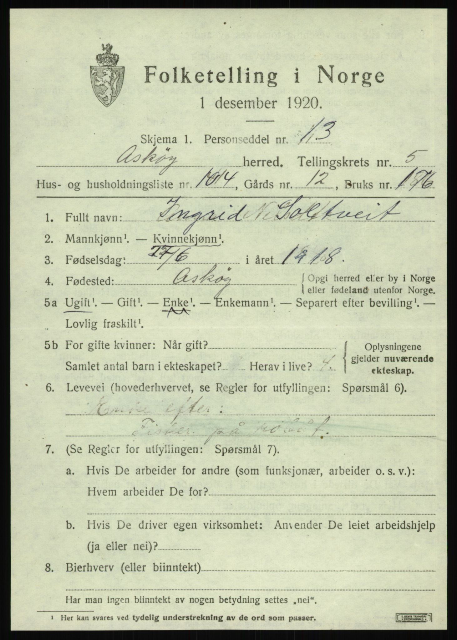 SAB, 1920 census for Askøy, 1920, p. 10098