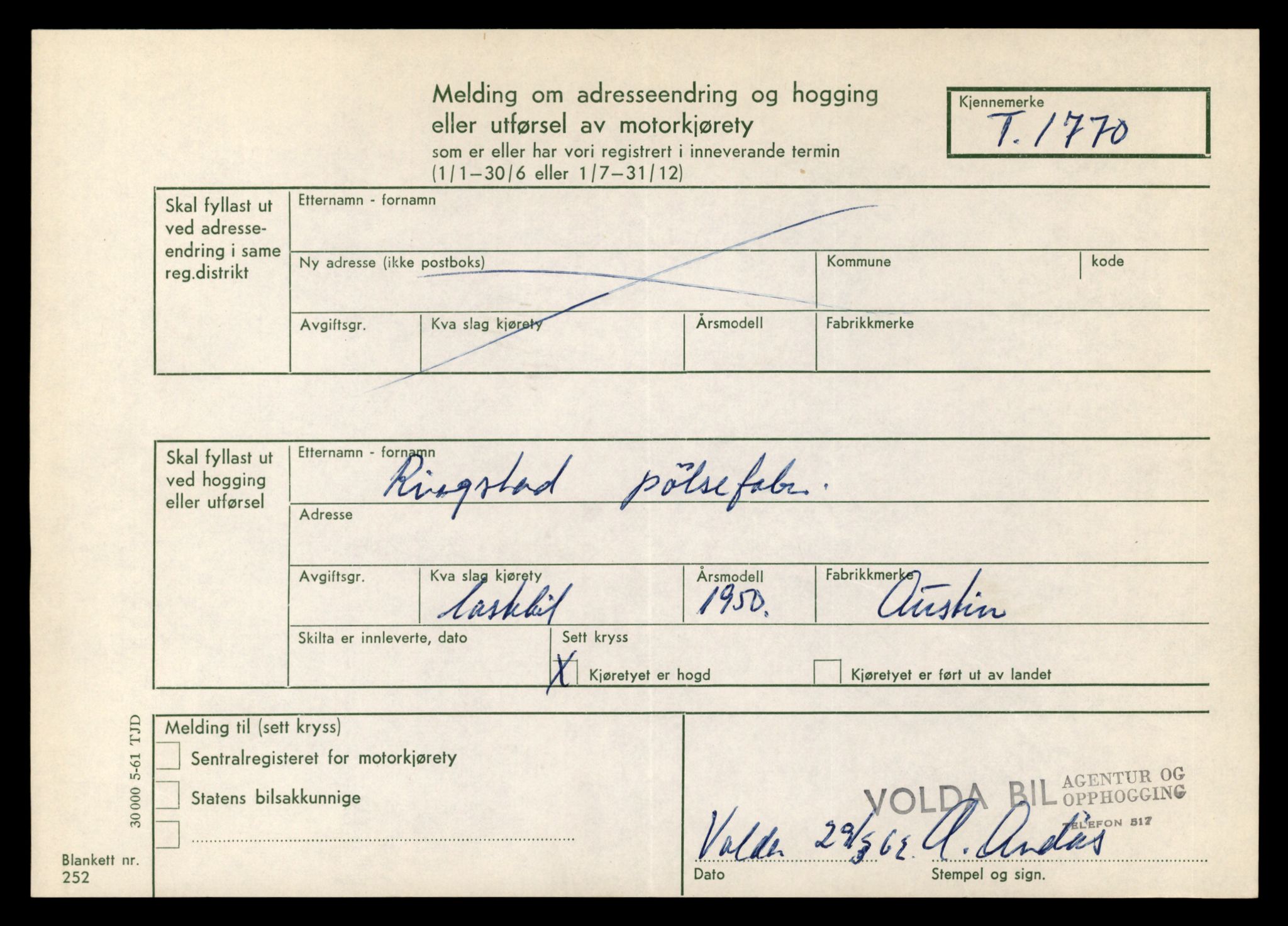 Møre og Romsdal vegkontor - Ålesund trafikkstasjon, SAT/A-4099/F/Fe/L0015: Registreringskort for kjøretøy T 1700 - T 1850, 1927-1998, p. 1493