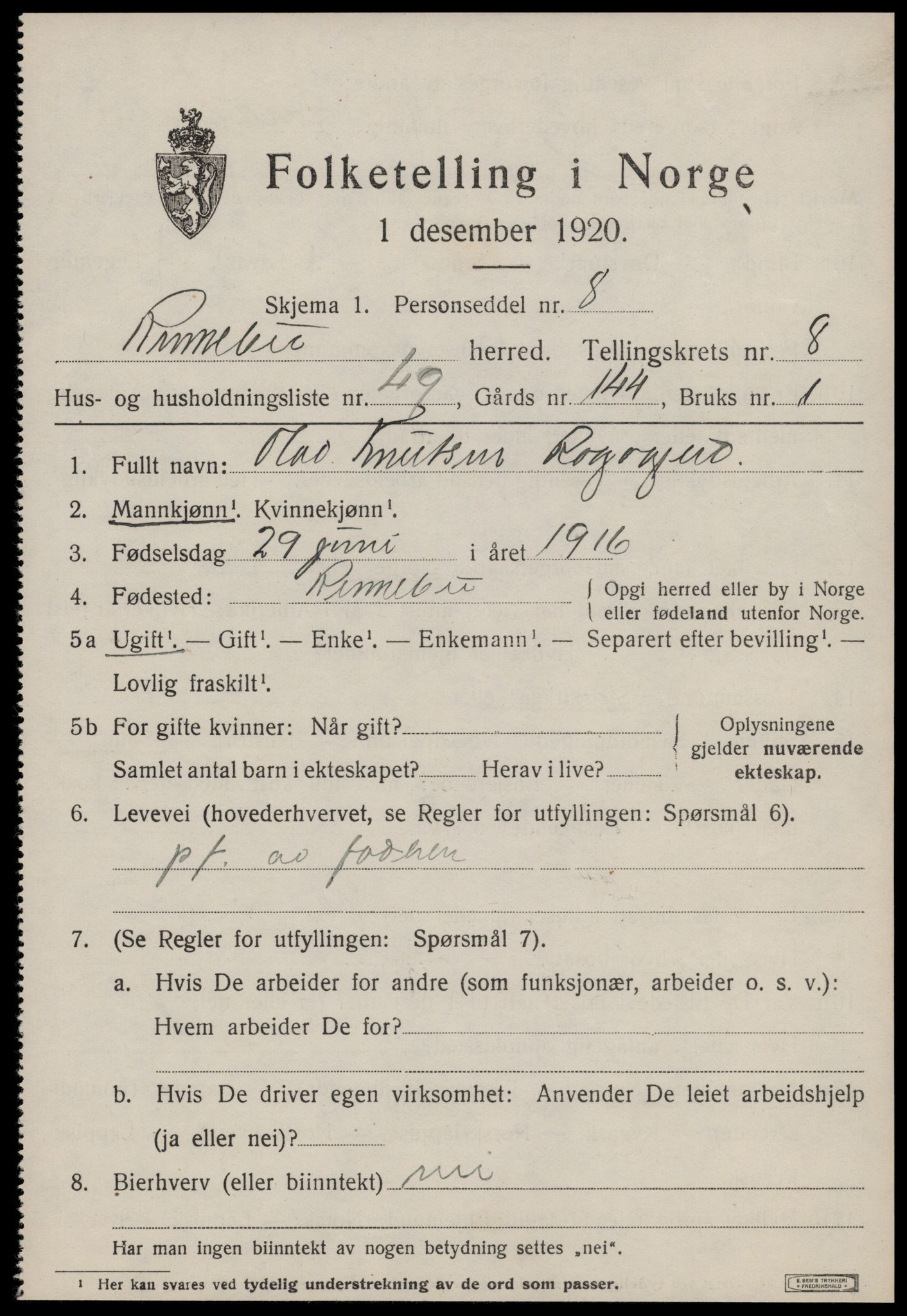 SAT, 1920 census for Rennebu, 1920, p. 5802