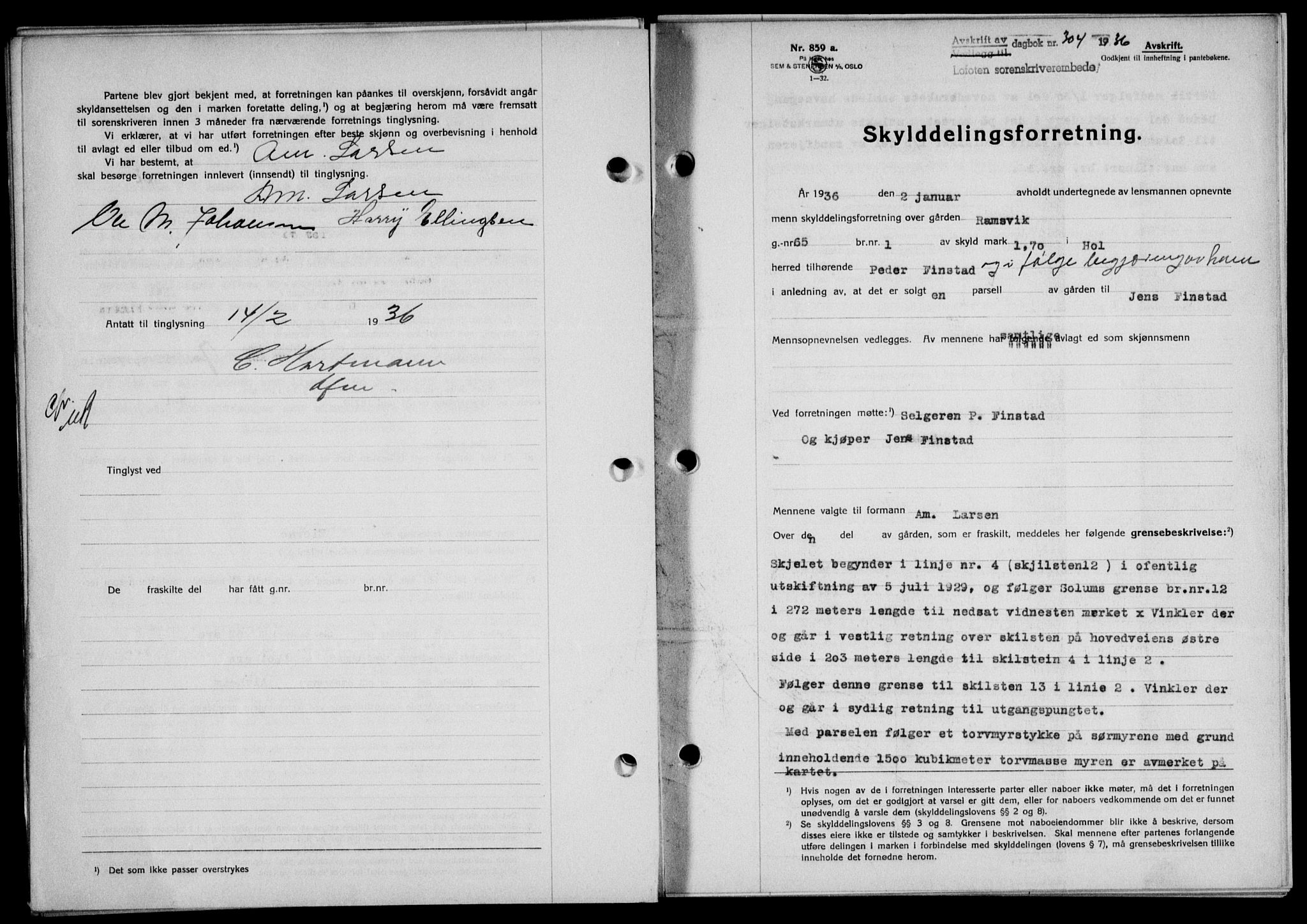 Lofoten sorenskriveri, AV/SAT-A-0017/1/2/2C/L0033b: Mortgage book no. 33b, 1936-1936, Diary no: : 304/1936