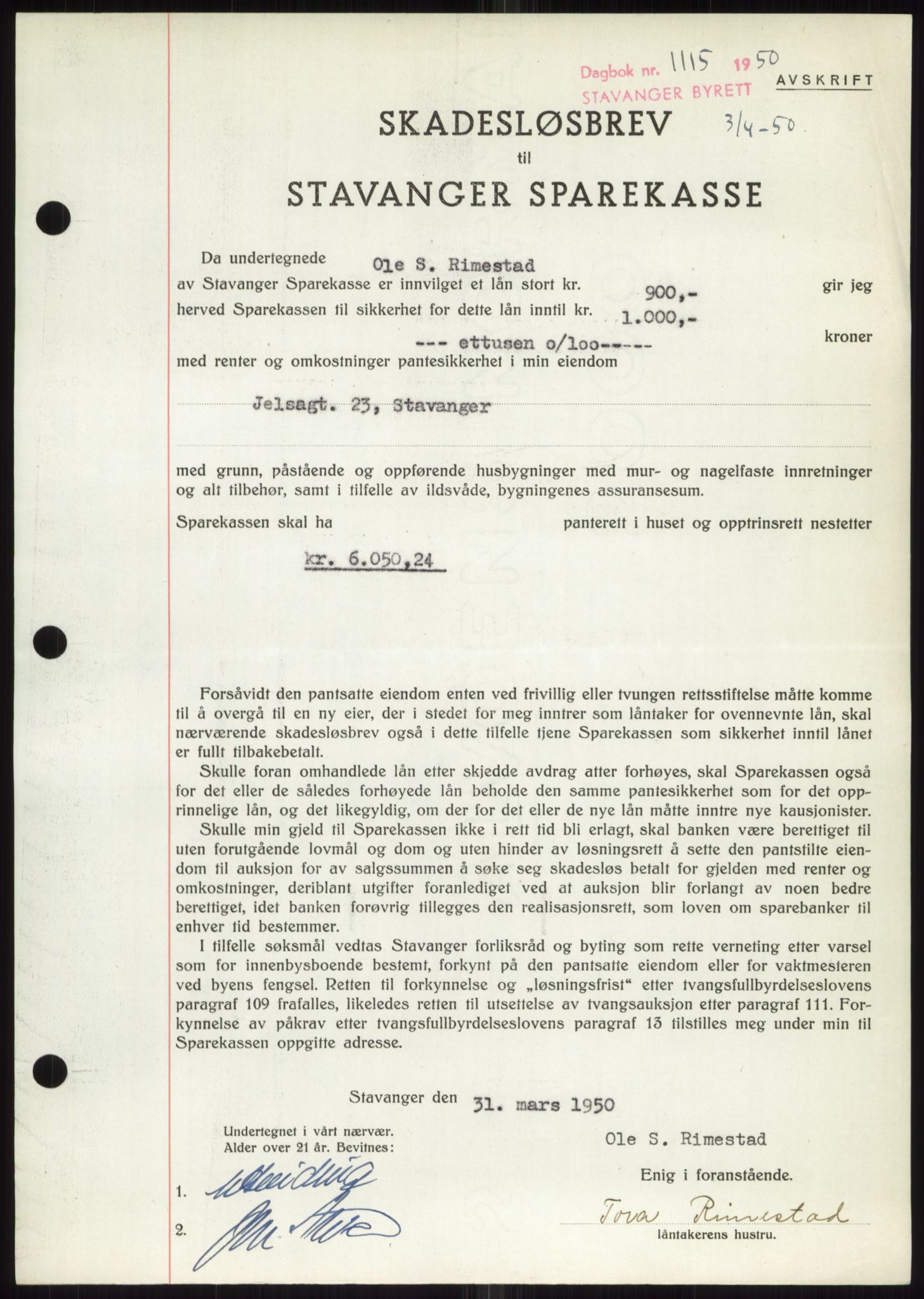 Stavanger byrett, SAST/A-100455/002/G/Gb/L0032: Mortgage book, 1947-1950, Diary no: : 1115/1950