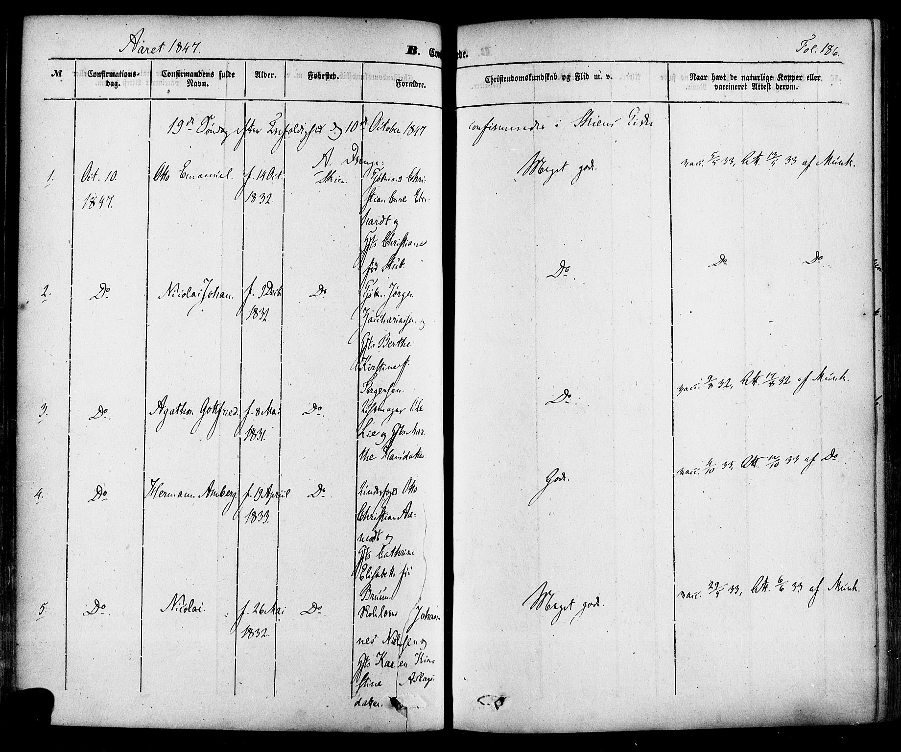 Skien kirkebøker, AV/SAKO-A-302/F/Fa/L0006a: Parish register (official) no. 6A, 1843-1856, p. 186