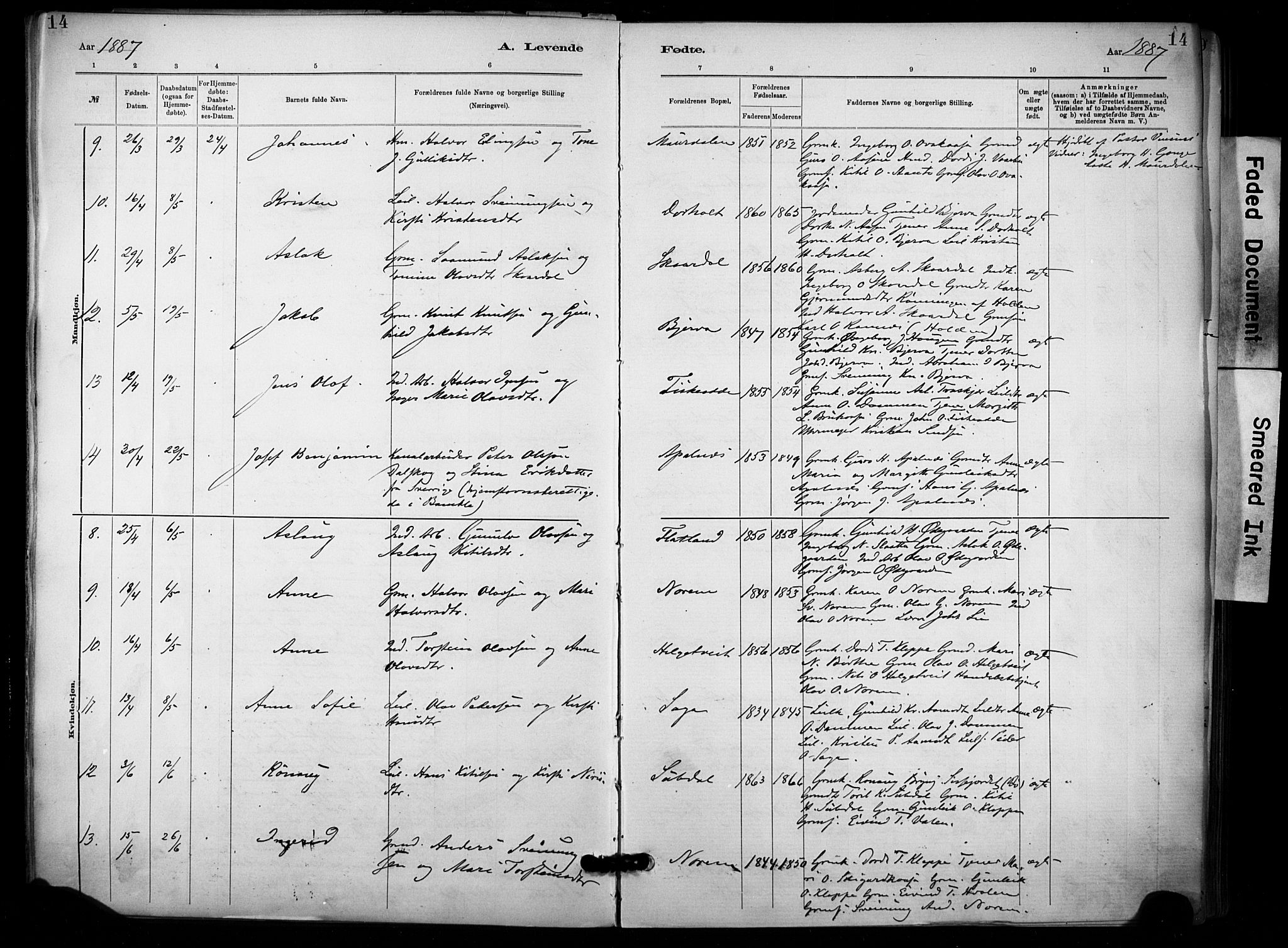 Lunde kirkebøker, AV/SAKO-A-282/F/Fa/L0002: Parish register (official) no. I 2, 1884-1892, p. 14