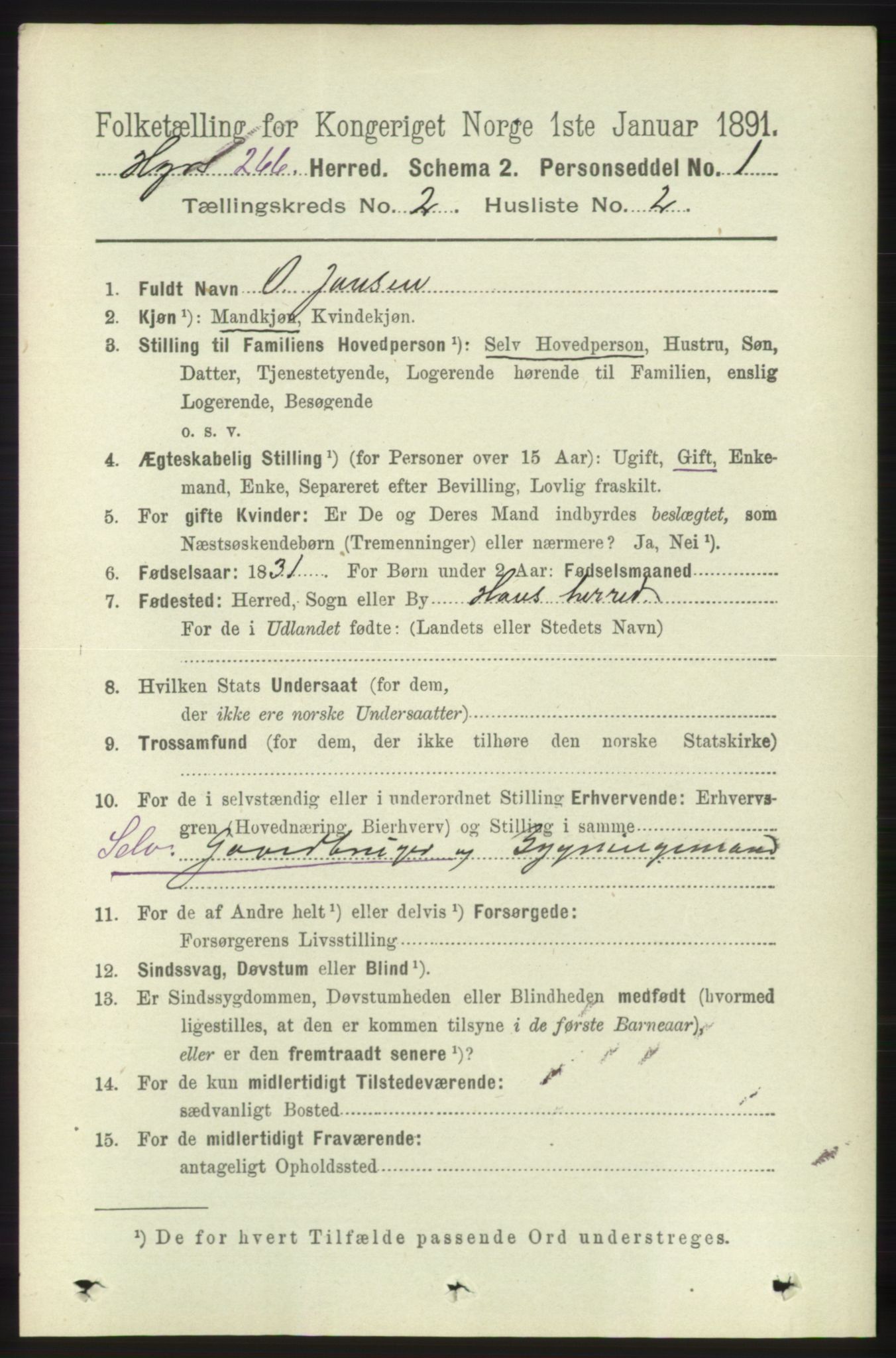 RA, 1891 census for 1253 Hosanger, 1891, p. 583