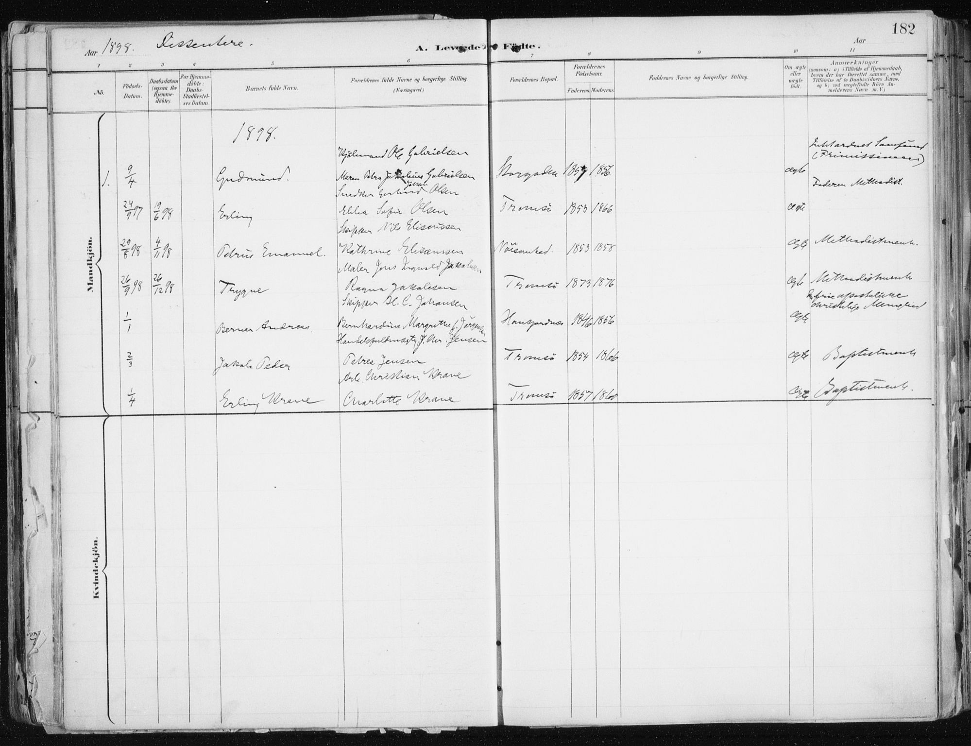 Tromsø sokneprestkontor/stiftsprosti/domprosti, SATØ/S-1343/G/Ga/L0015kirke: Parish register (official) no. 15, 1889-1899, p. 182